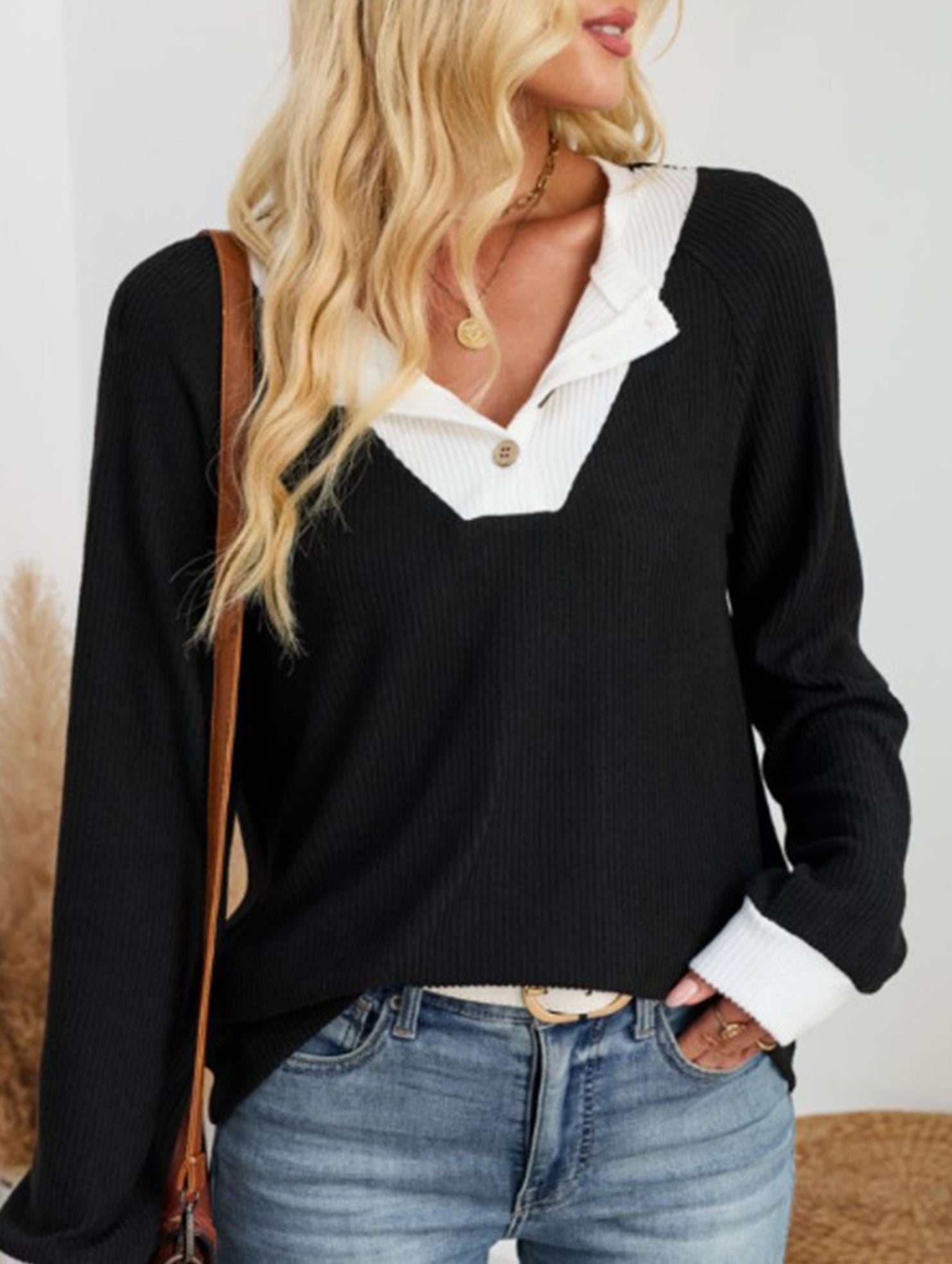 Casual fake two-piece loose long-sleeved top