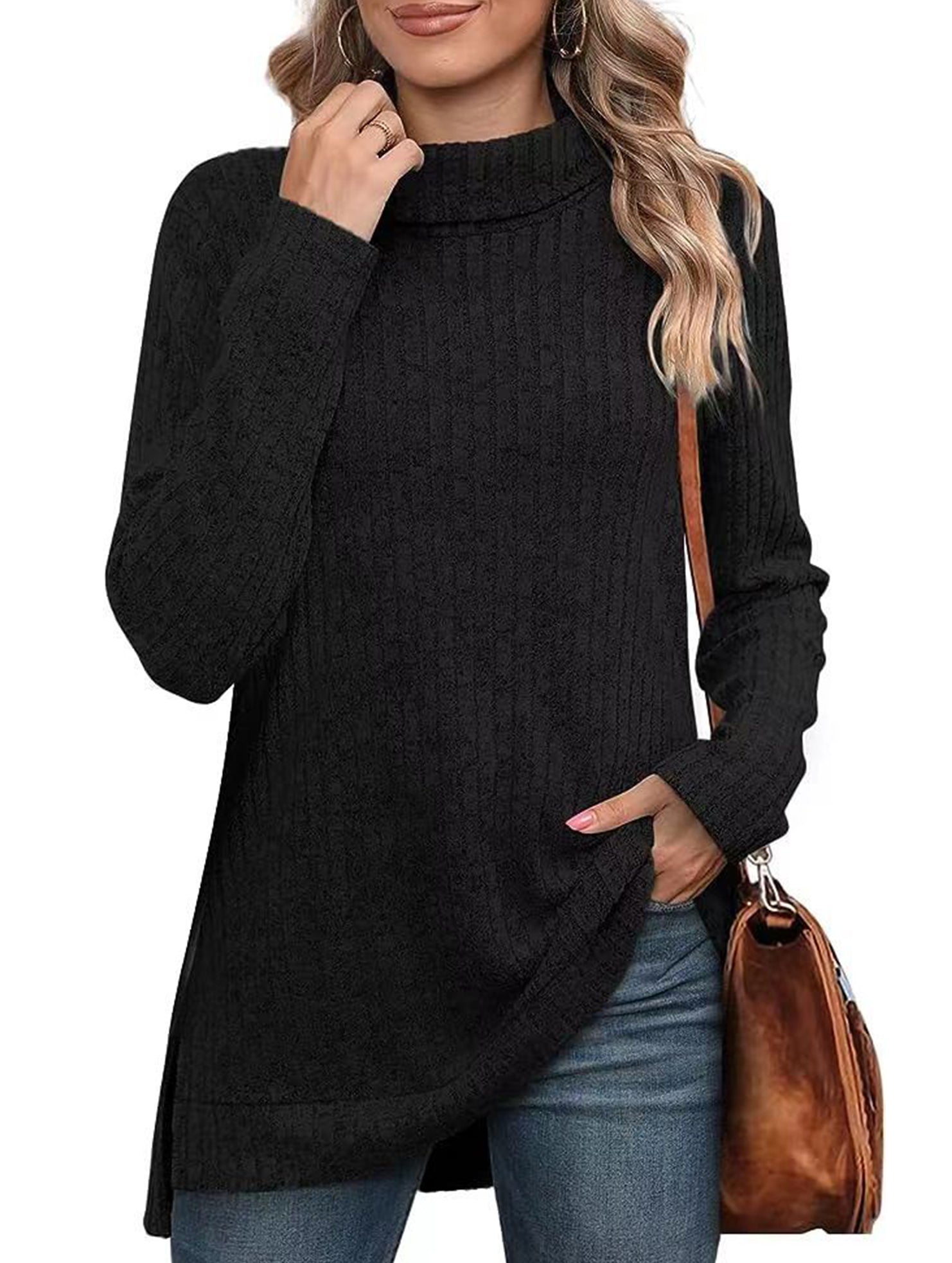 High-necked slit-ribbed loose T-shirt top