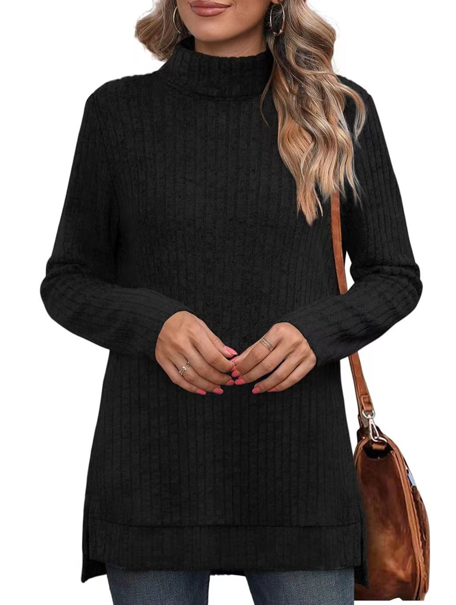 High-necked slit-ribbed loose T-shirt top