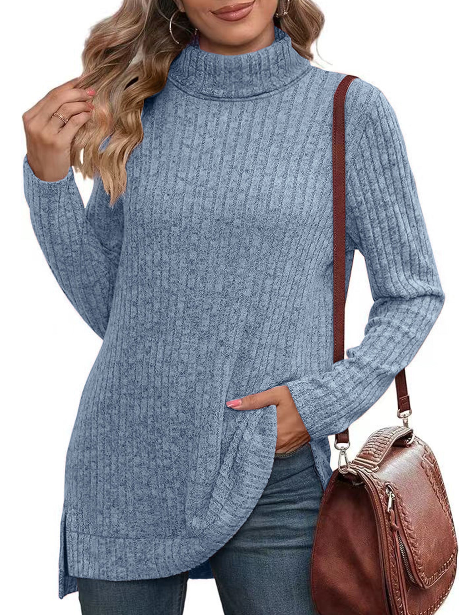 High-necked slit-ribbed loose T-shirt top