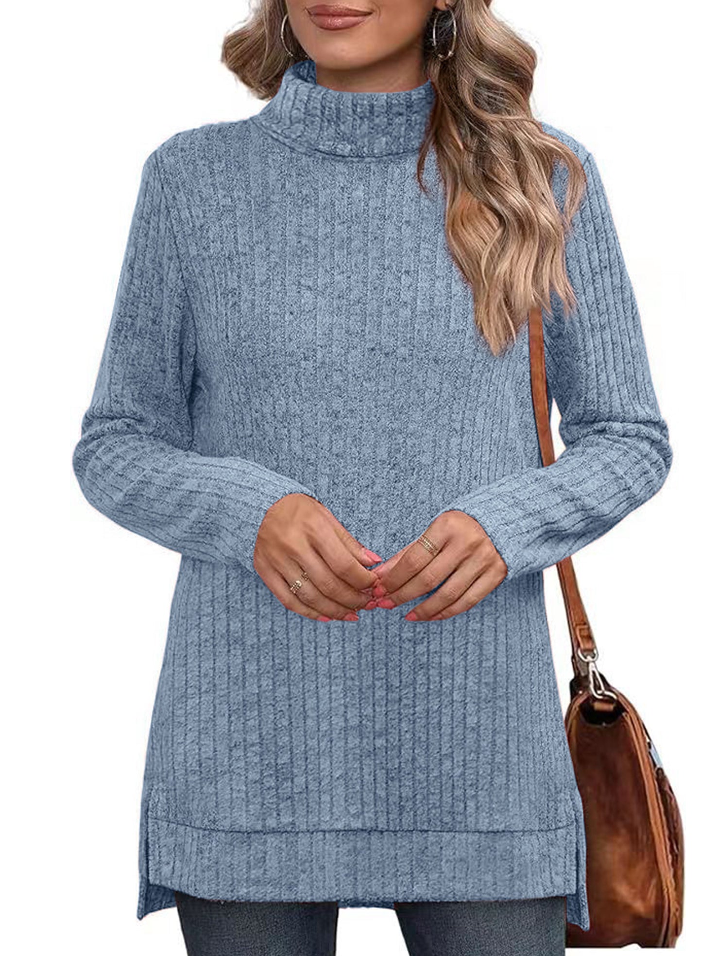 High-necked slit-ribbed loose T-shirt top