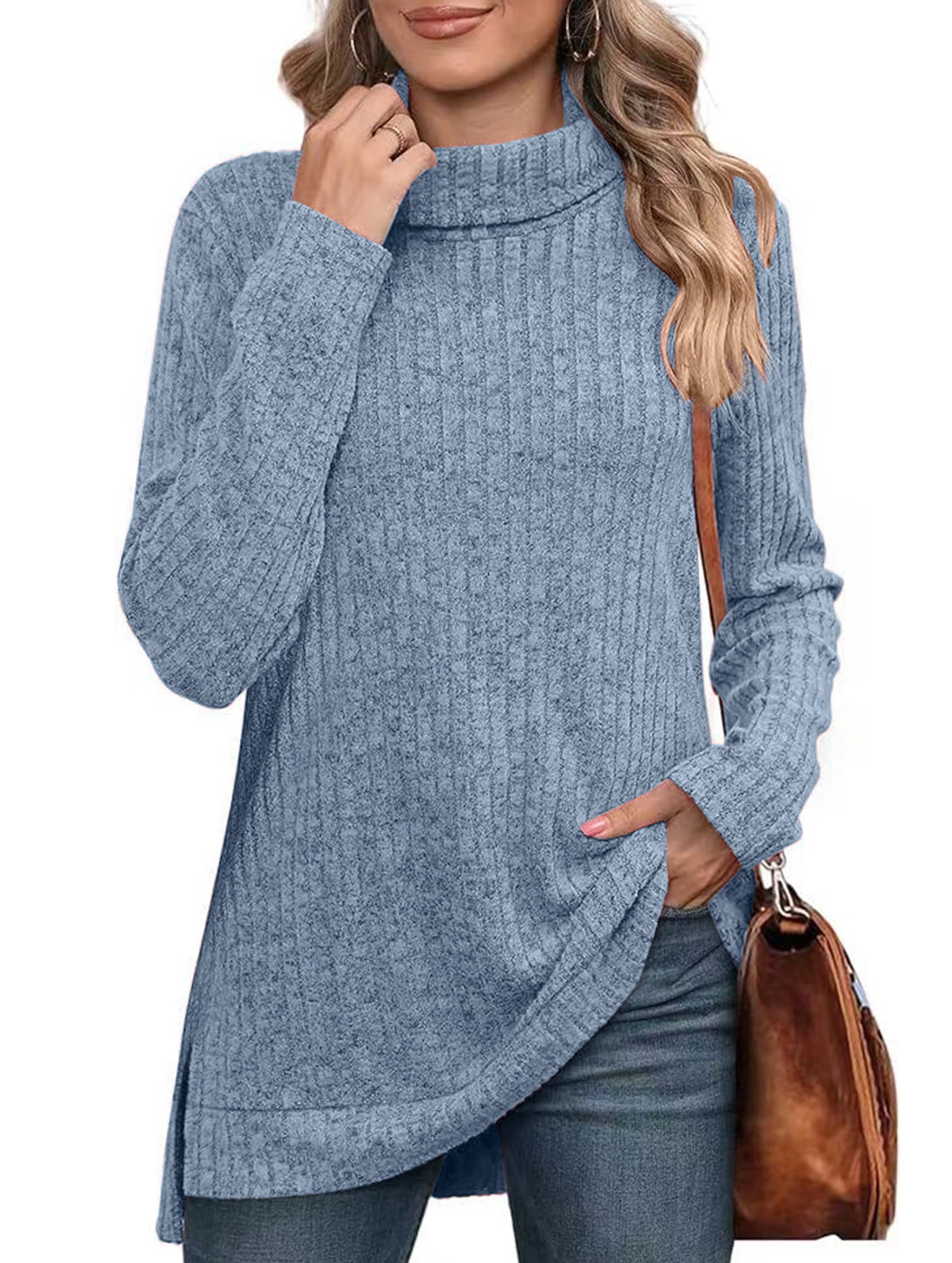 High-necked slit-ribbed loose T-shirt top