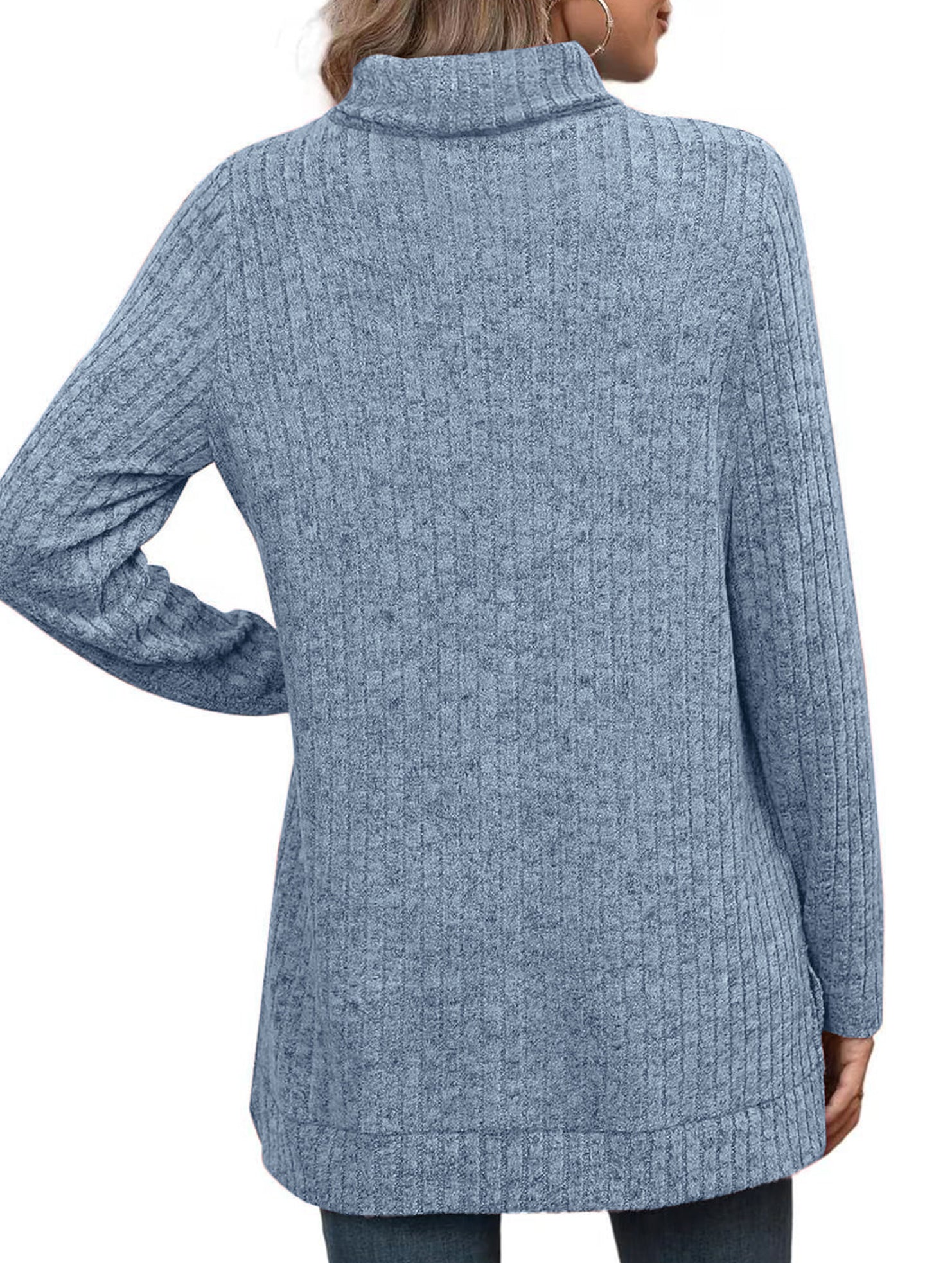 High-necked slit-ribbed loose T-shirt top