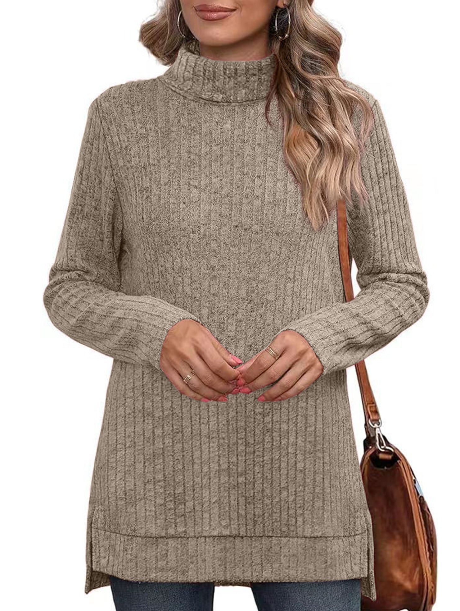 High-necked slit-ribbed loose T-shirt top