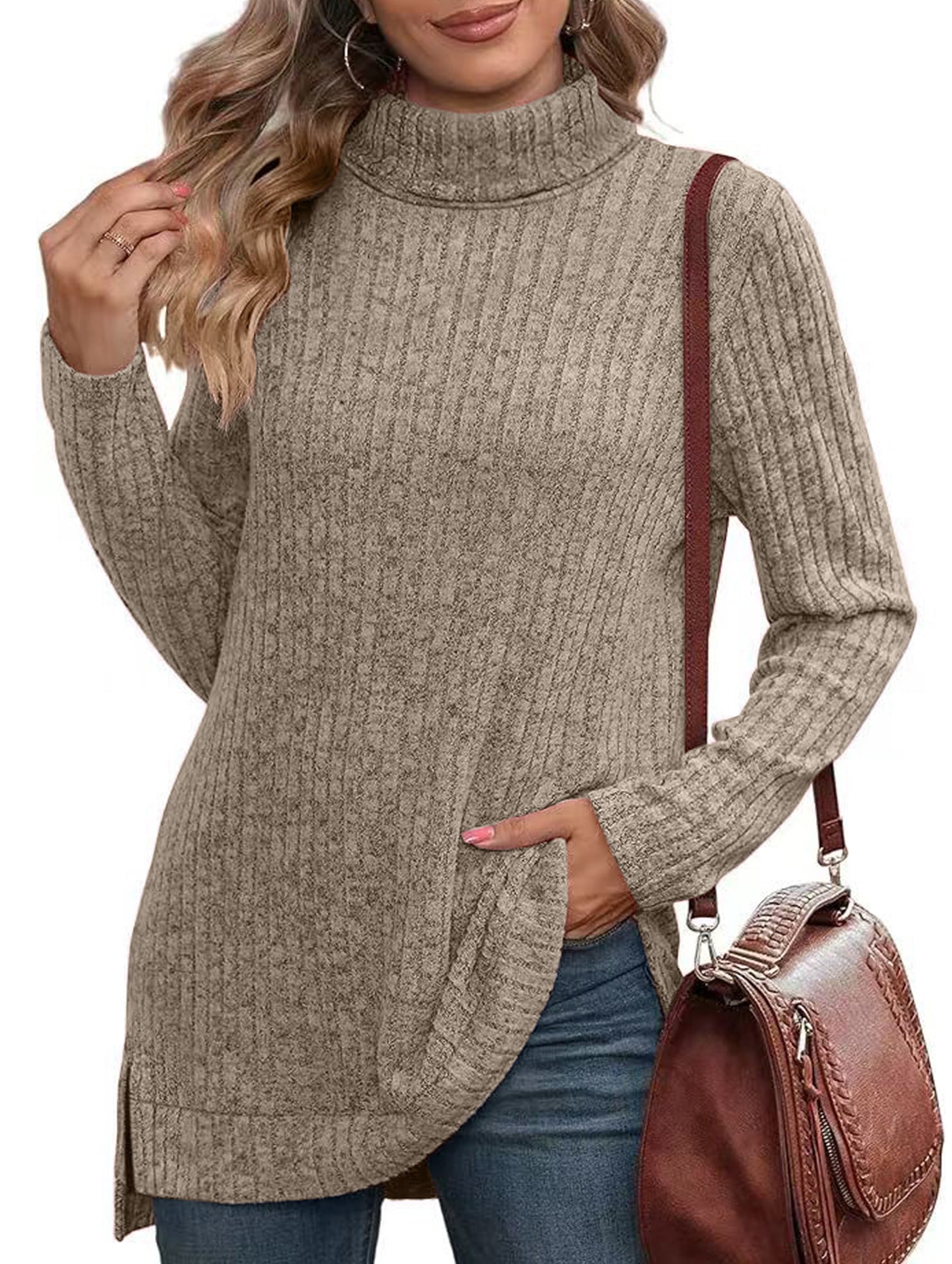 High-necked slit-ribbed loose T-shirt top