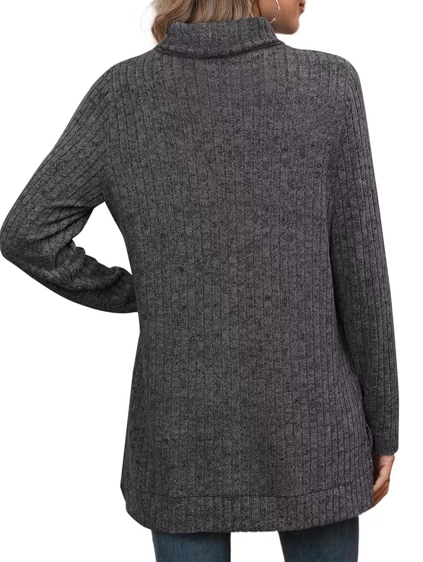 High-necked slit-ribbed loose T-shirt top