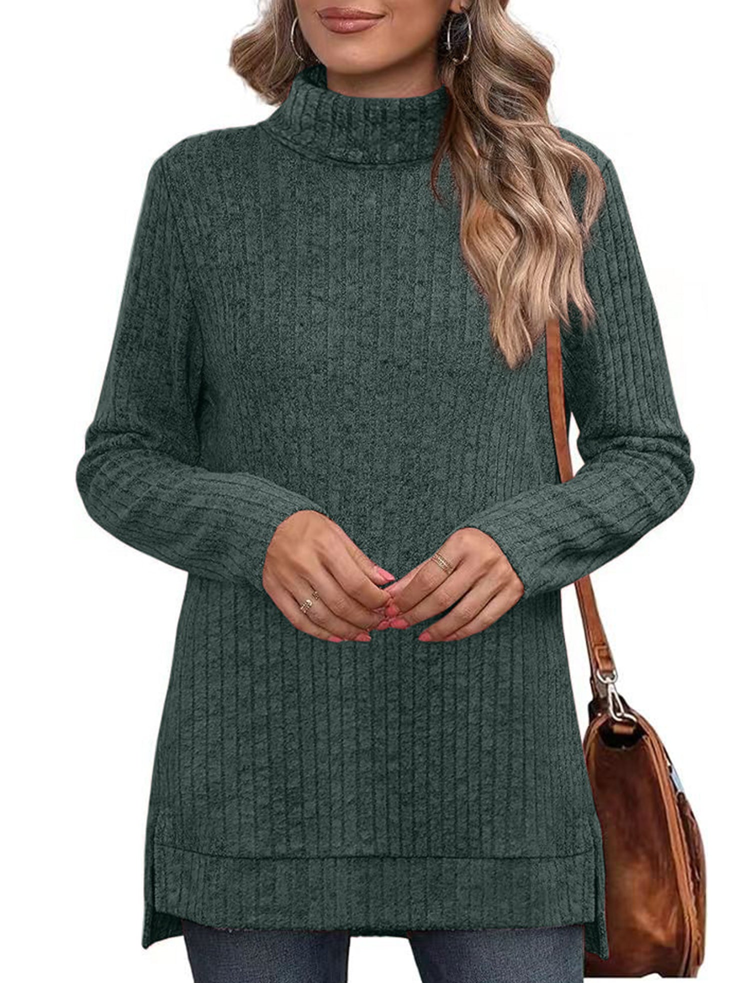 High-necked slit-ribbed loose T-shirt top