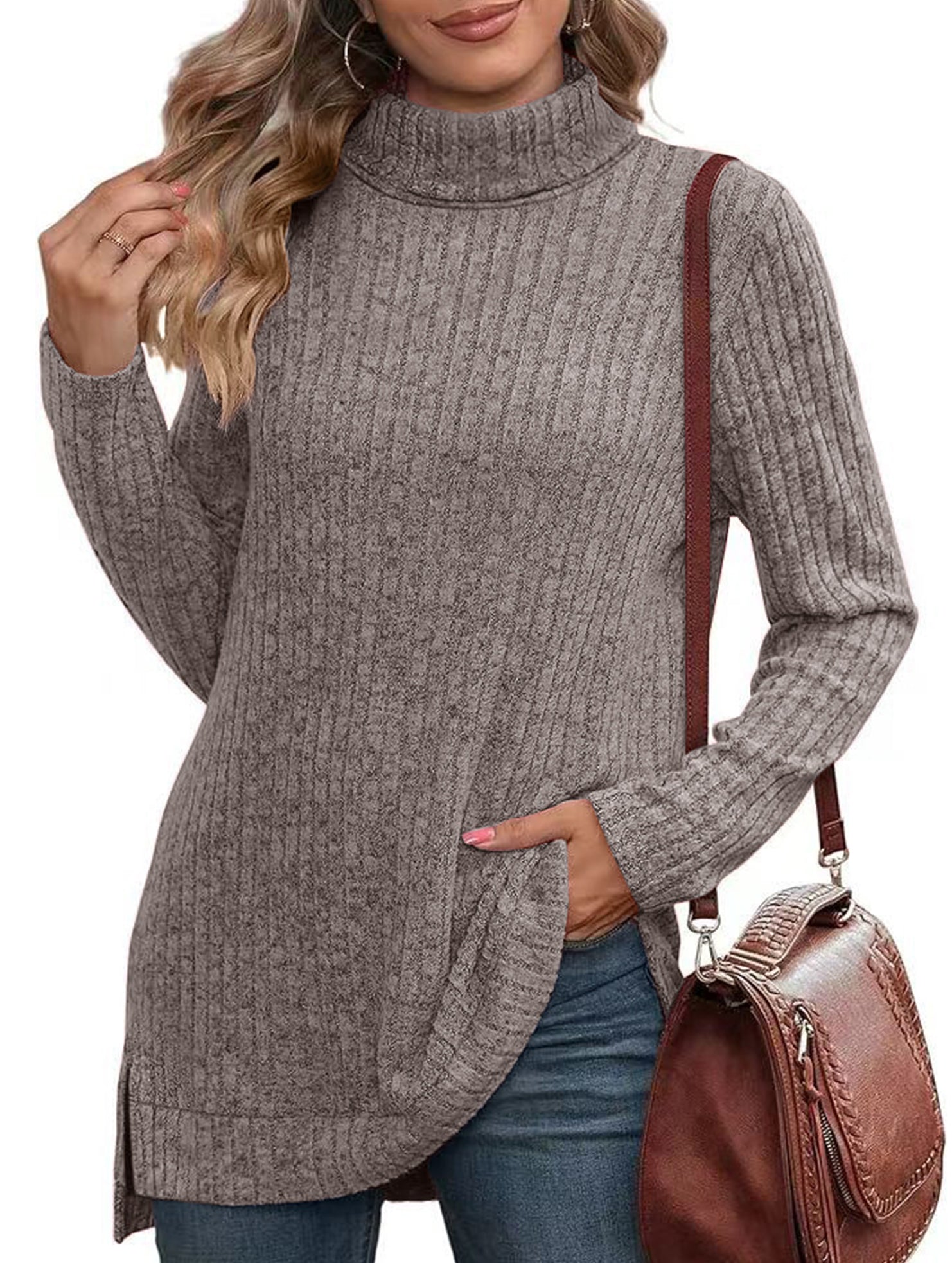 High-necked slit-ribbed loose T-shirt top