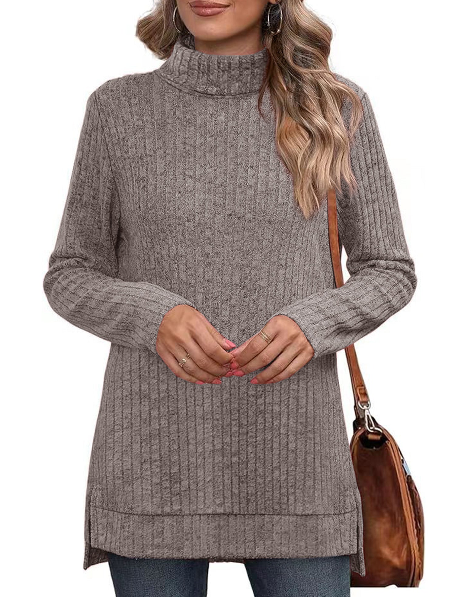 High-necked slit-ribbed loose T-shirt top