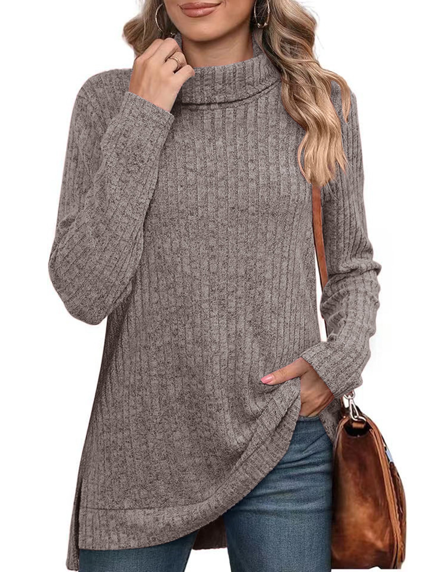 High-necked slit-ribbed loose T-shirt top