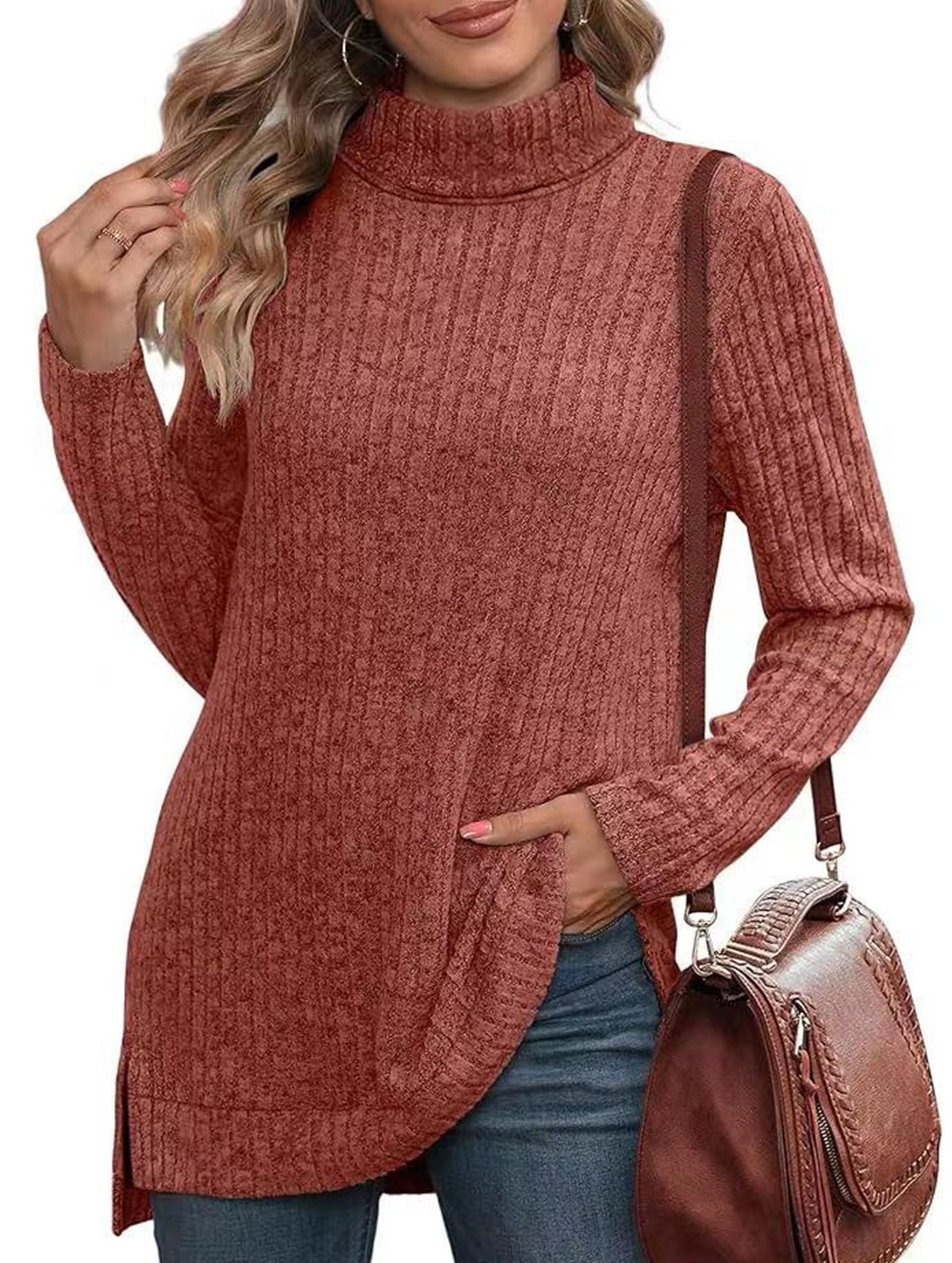 High-necked slit-ribbed loose T-shirt top