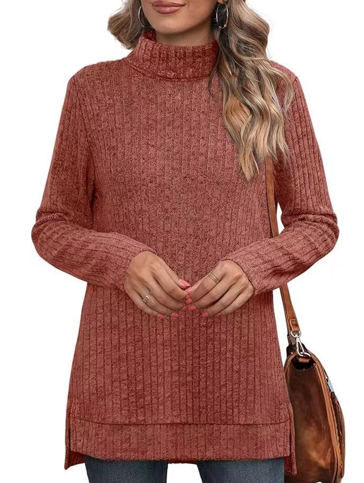 High-necked slit-ribbed loose T-shirt top