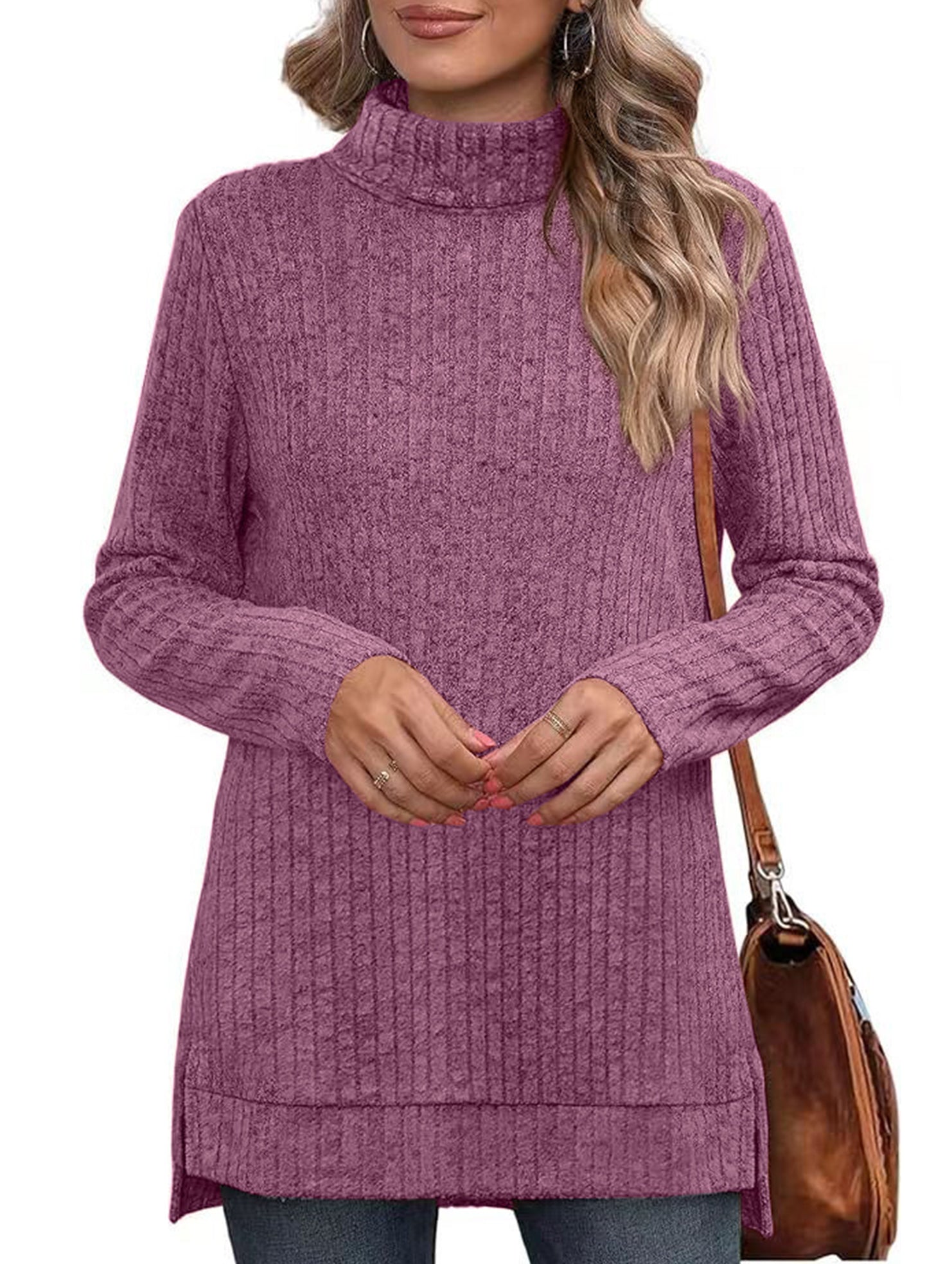 High-necked slit-ribbed loose T-shirt top