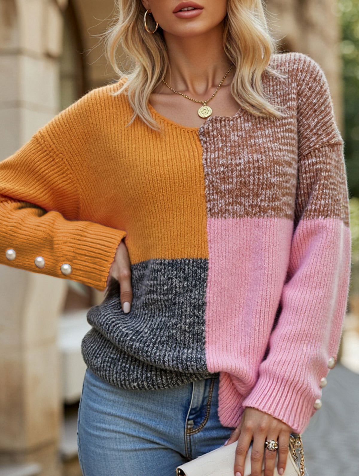 Irregular patchwork deep knit sweater