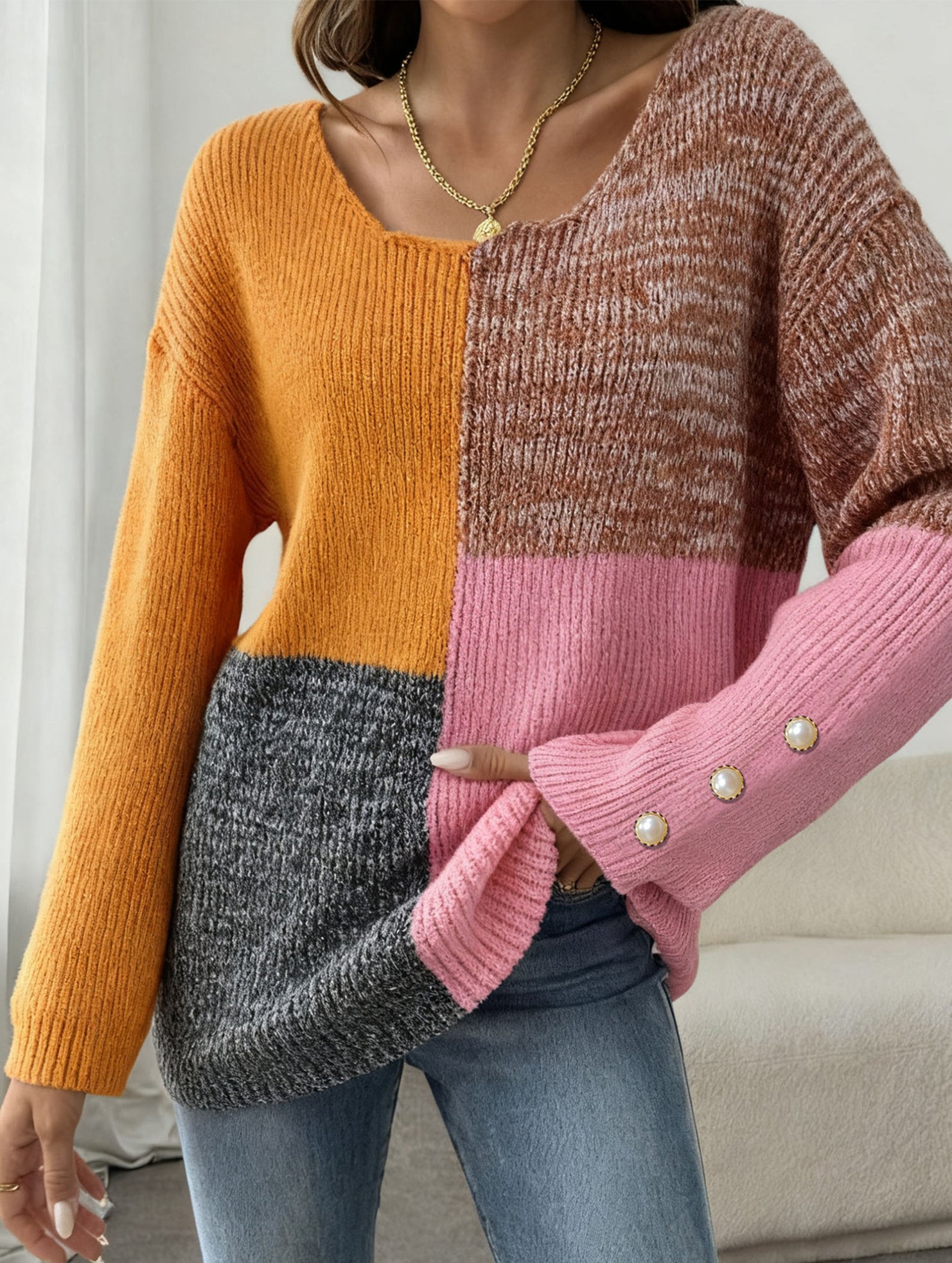 Irregular patchwork deep knit sweater