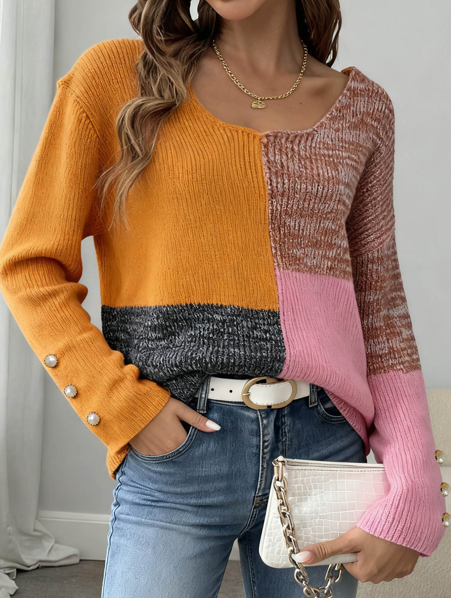 Irregular patchwork deep knit sweater