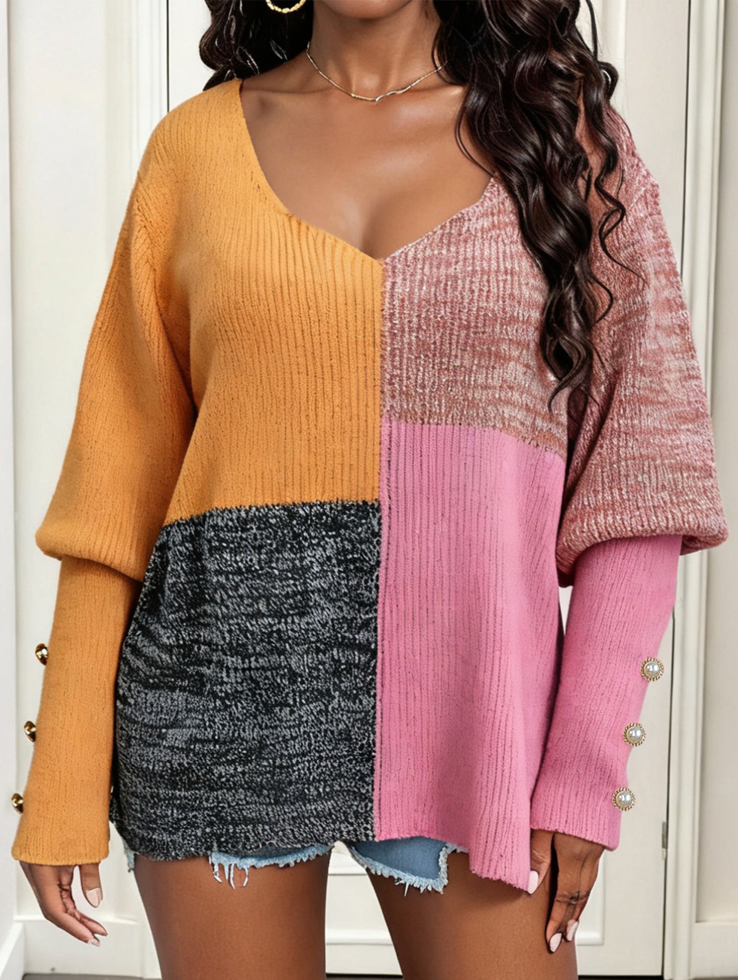 Irregular patchwork deep knit sweater