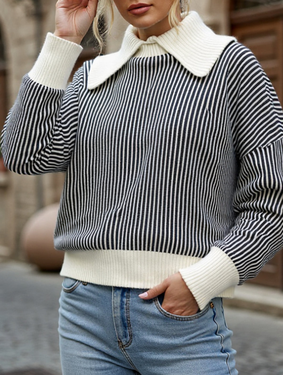 Retro oversized collar turtleneck striped sweater