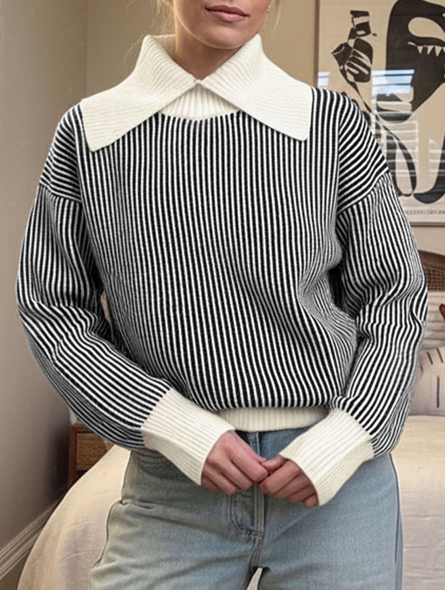 Retro oversized collar turtleneck striped sweater