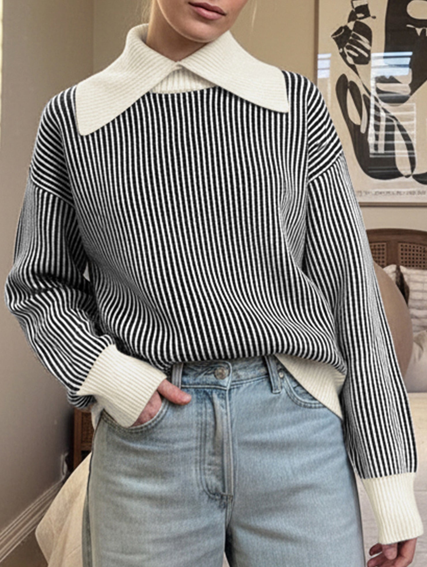 Retro oversized collar turtleneck striped sweater
