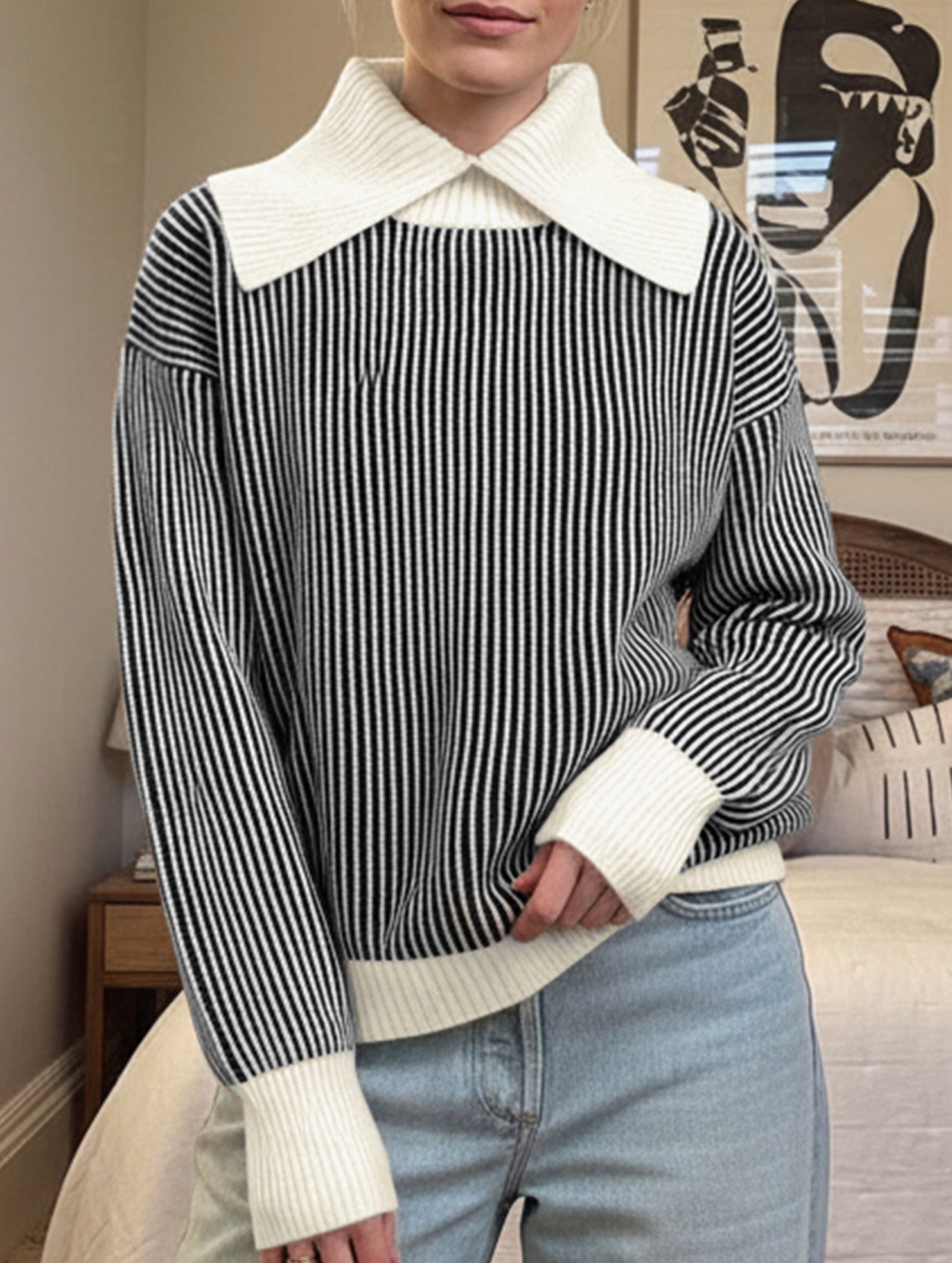 Retro oversized collar turtleneck striped sweater