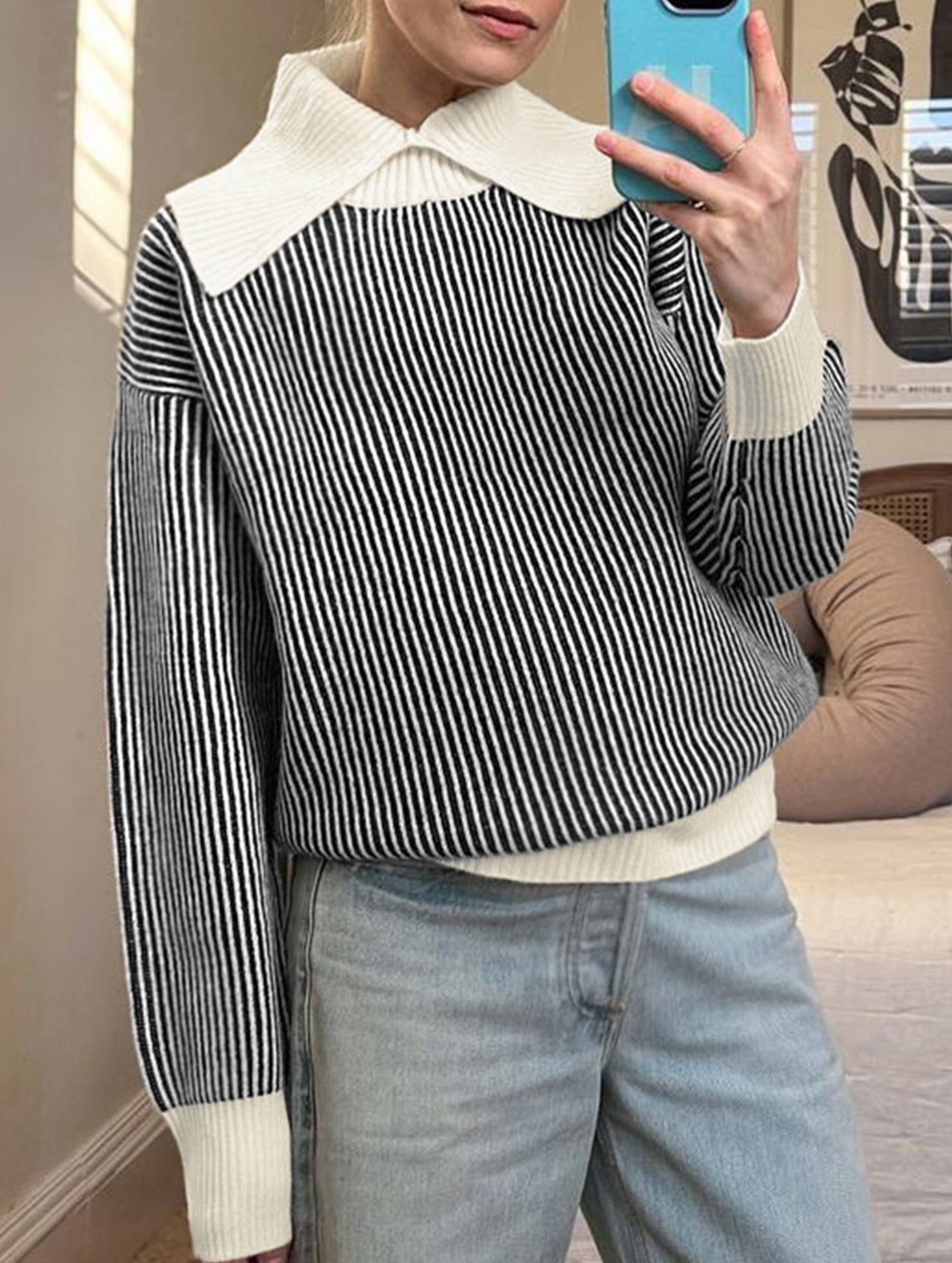 Retro oversized collar turtleneck striped sweater