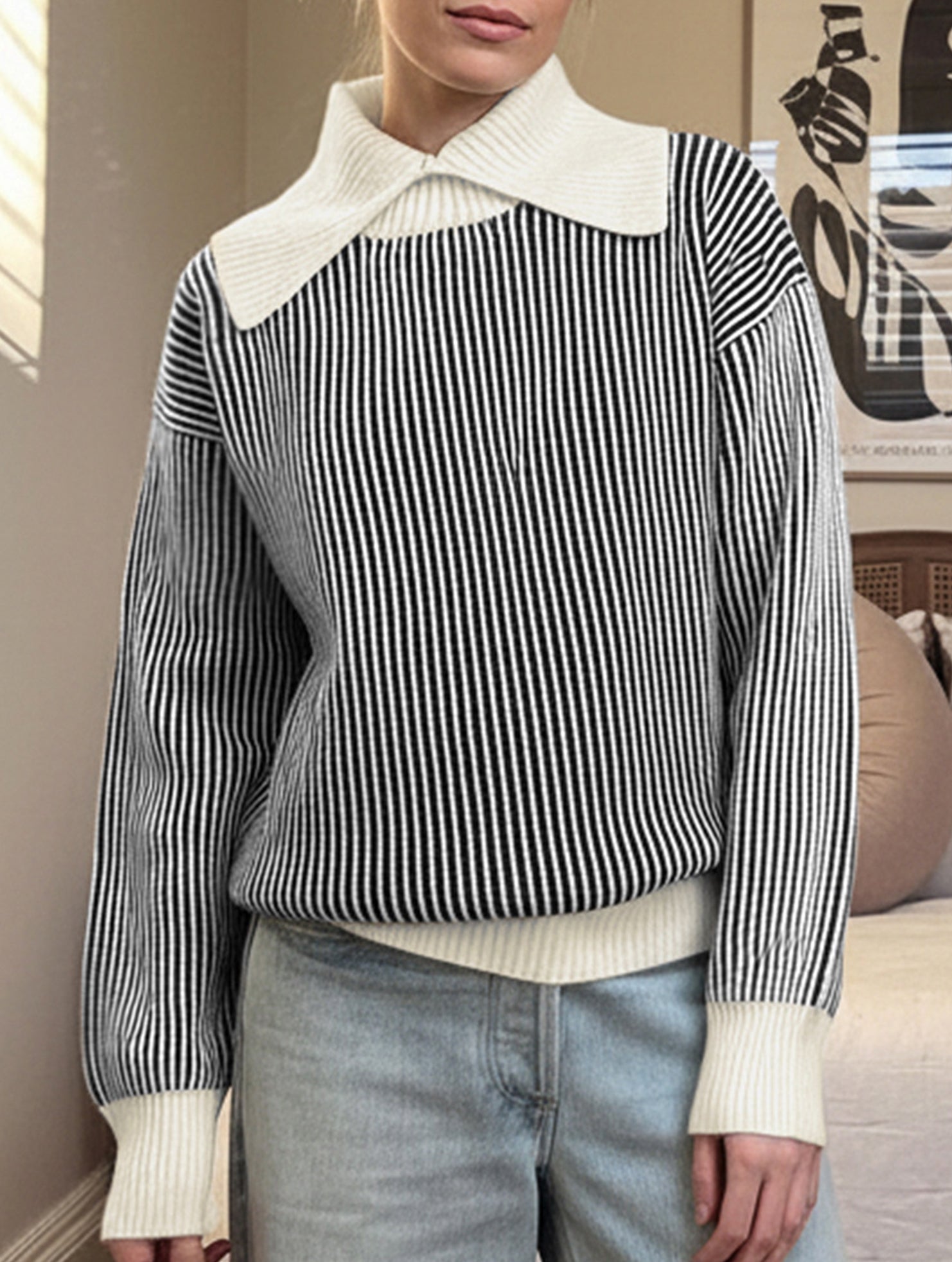 Retro oversized collar turtleneck striped sweater