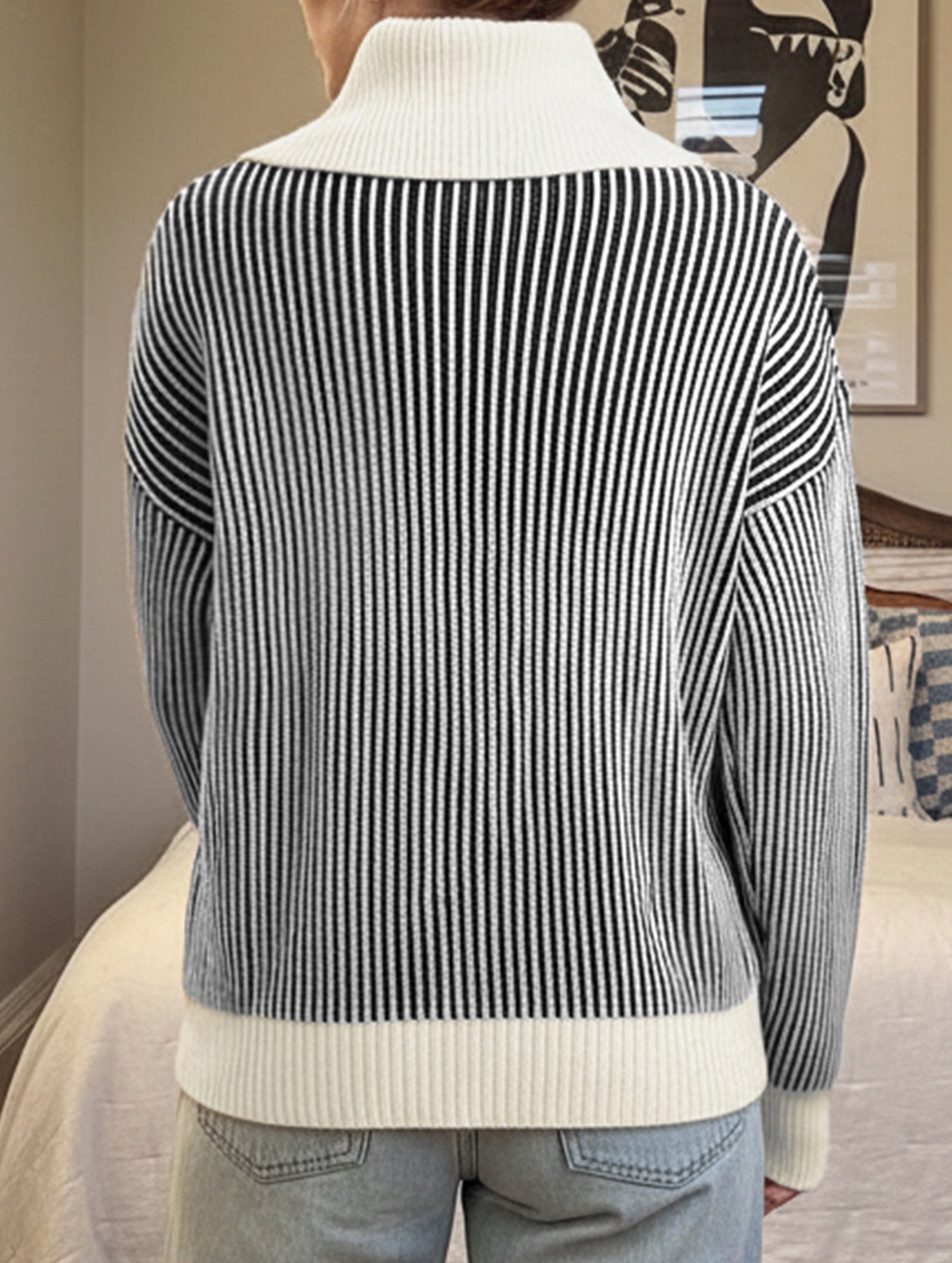 Retro oversized collar turtleneck striped sweater
