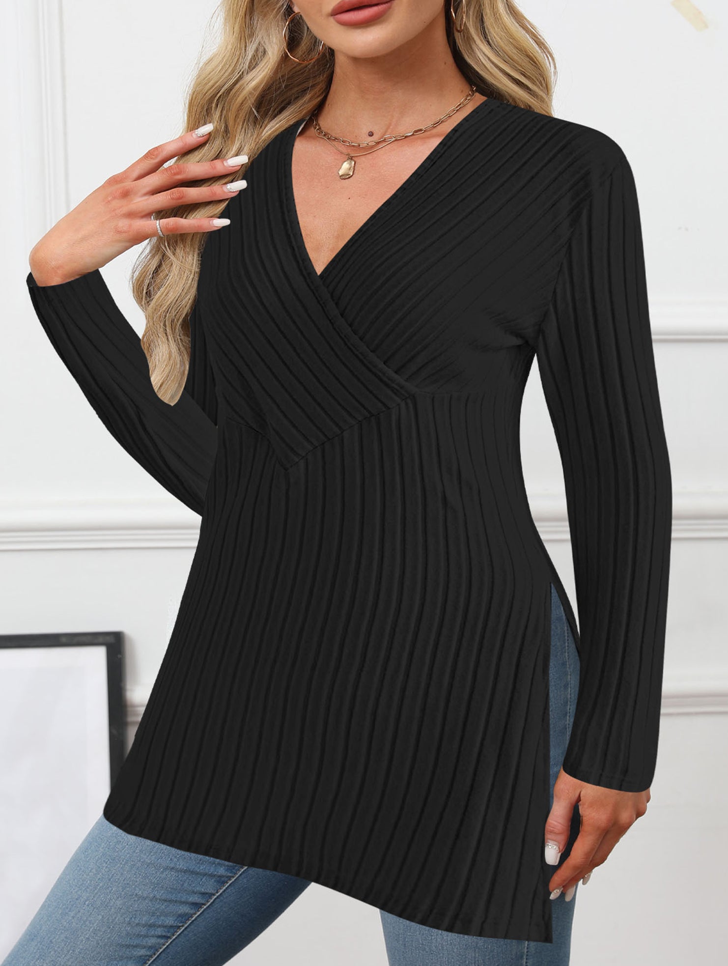 elegant crossover v-neck striped sweater