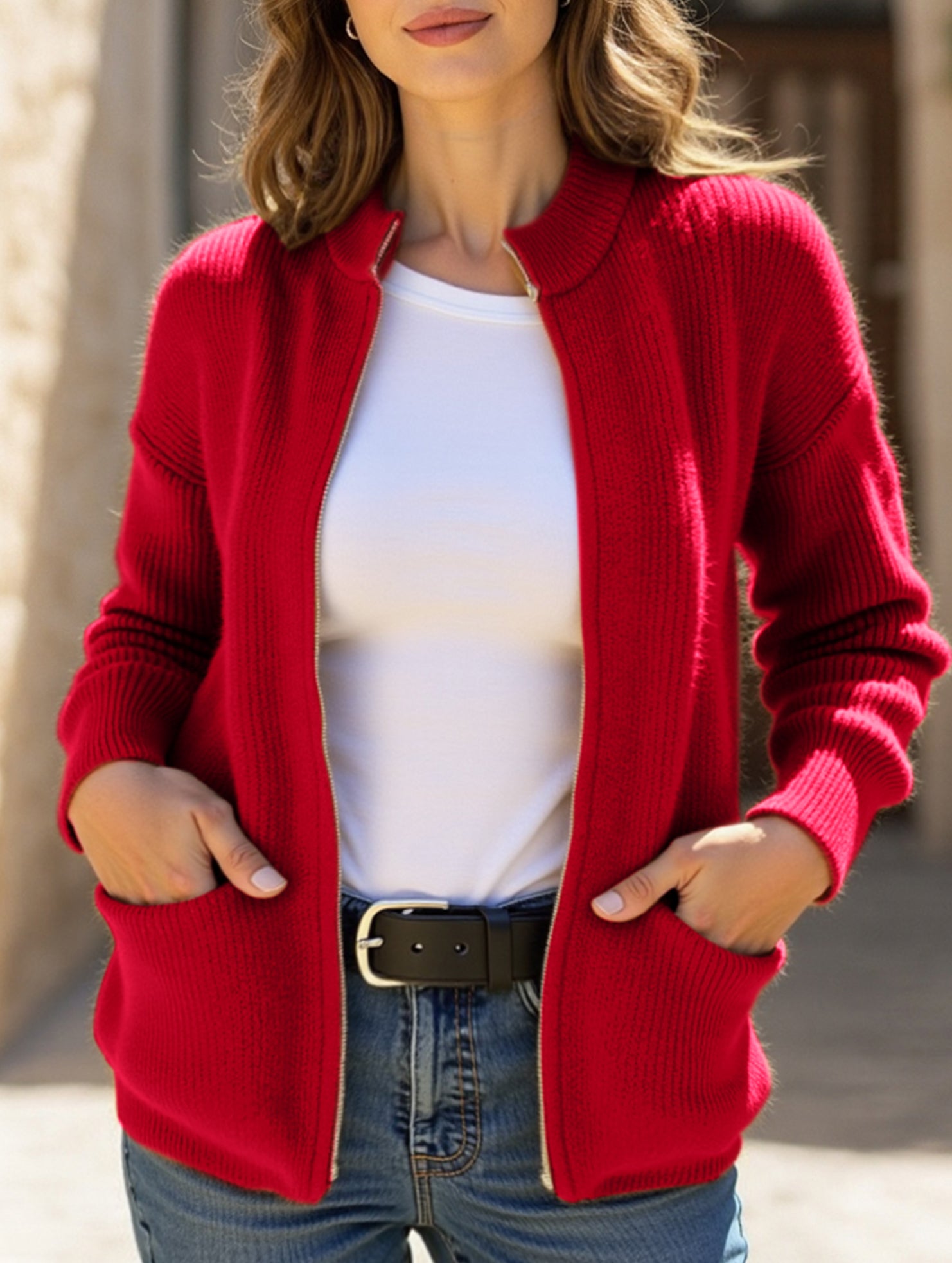 minimalist stand-collar zip-up knit cardigan