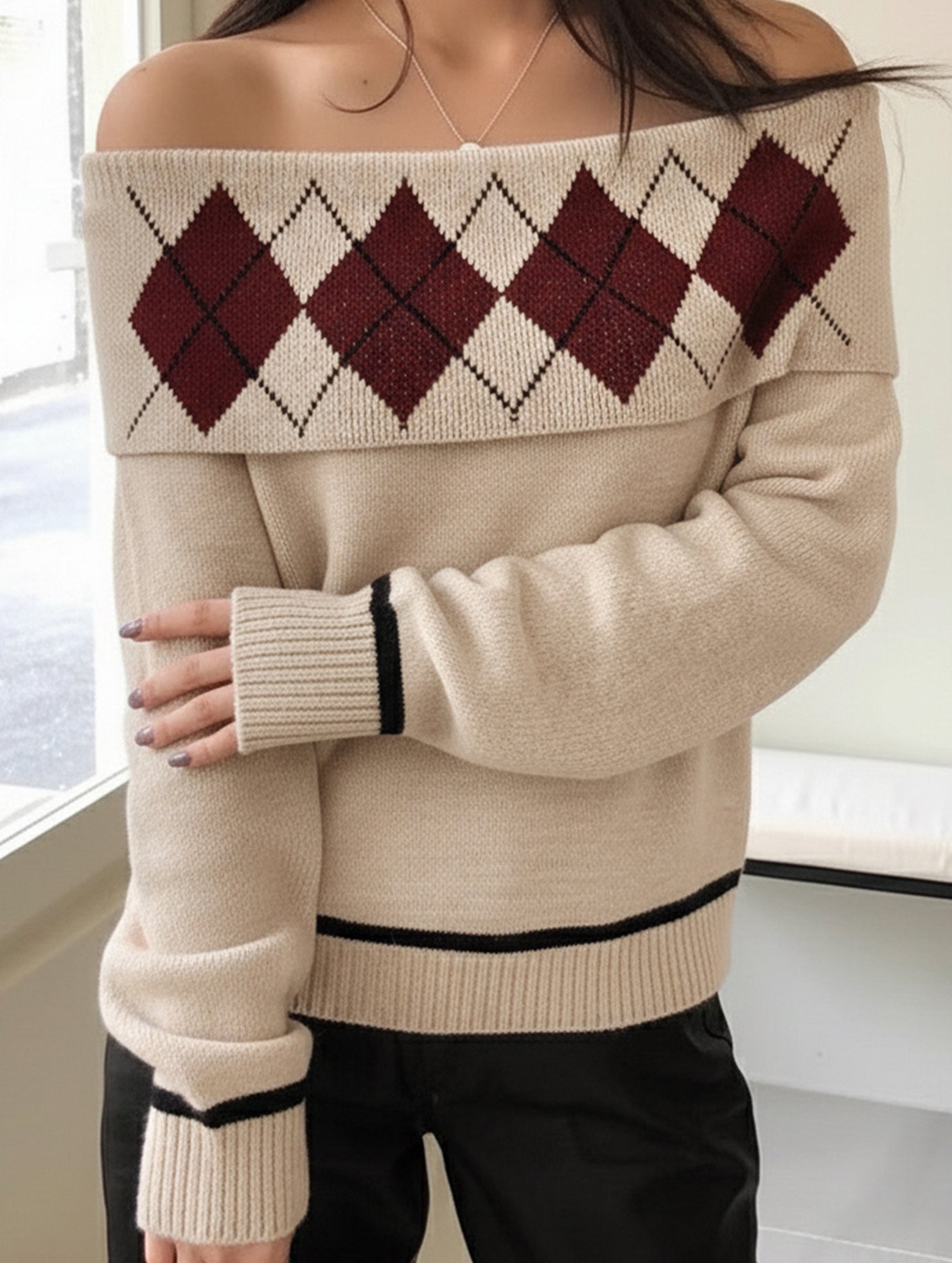 vintage-style diamond-pattern knitted shirt