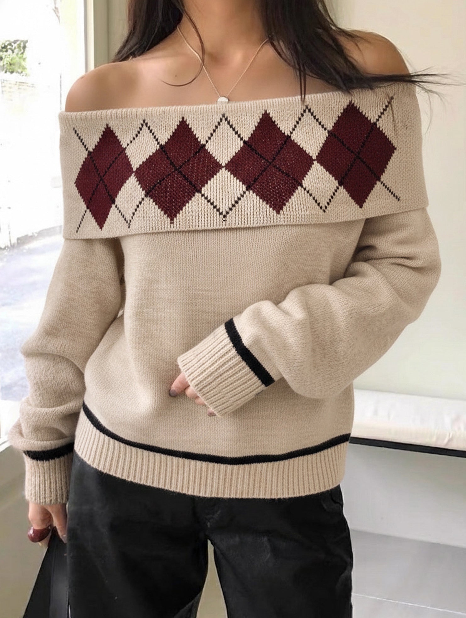 vintage-style diamond-pattern knitted shirt