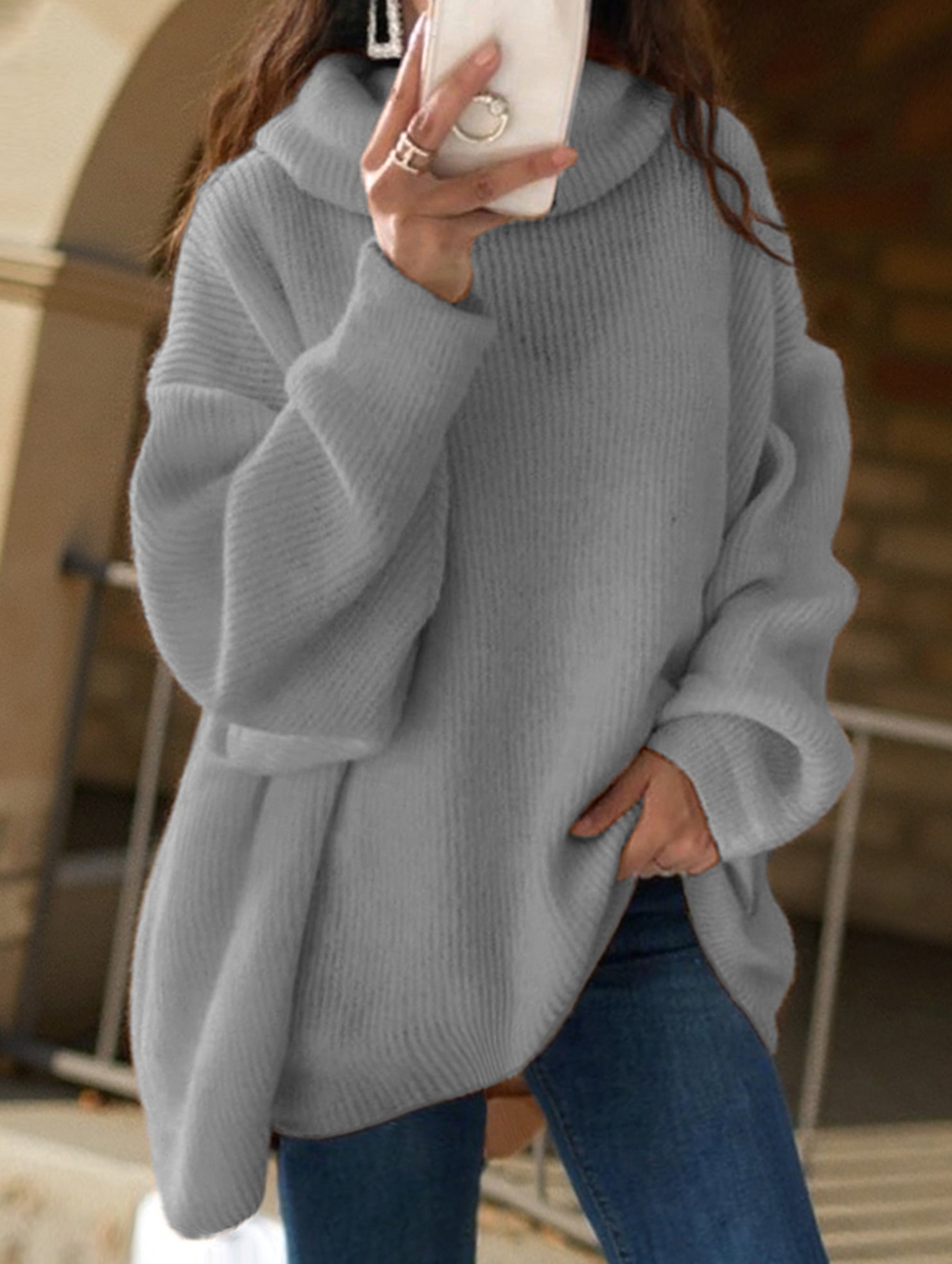 Plus-size loose solid color turtleneck knit sweater