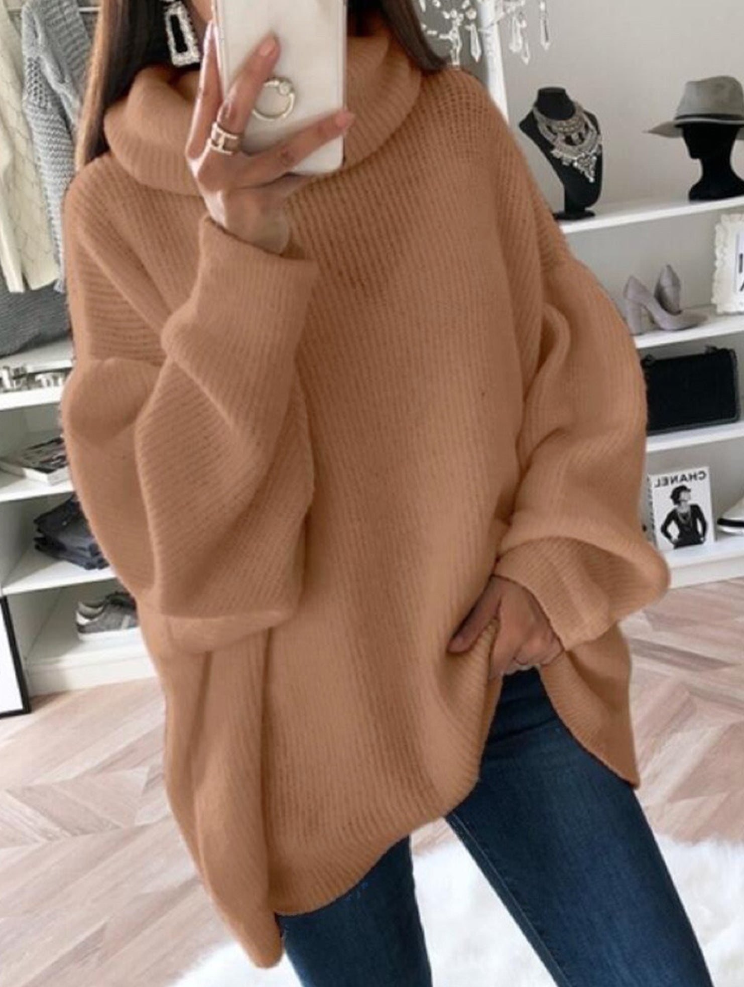 Plus-size loose solid color turtleneck knit sweater