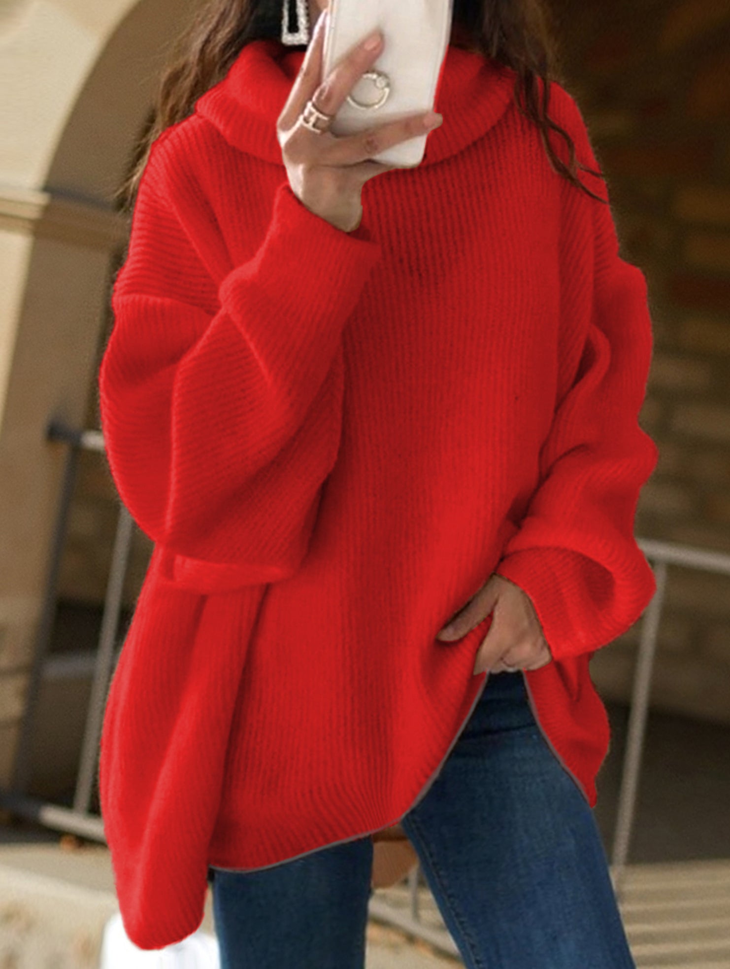 Plus-size loose solid color turtleneck knit sweater