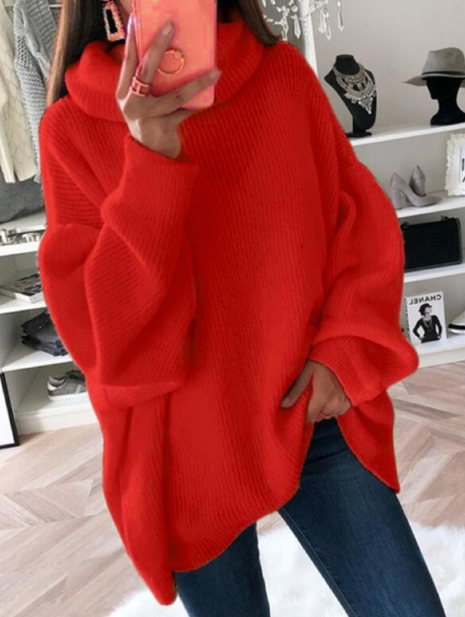 Plus-size loose solid color turtleneck knit sweater