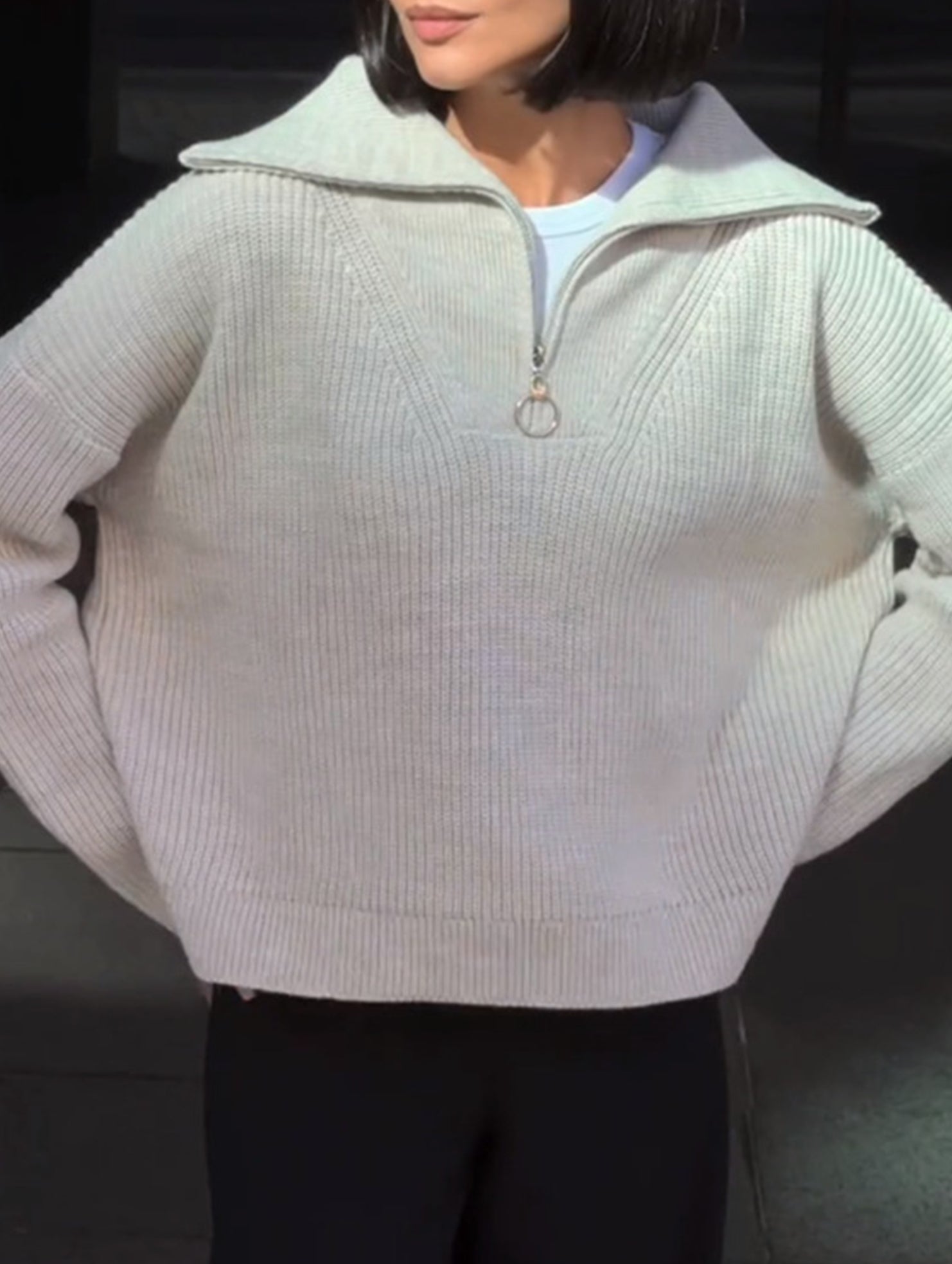 Retro loose collared zip-up pullover knit sweater