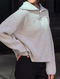 Retro loose collared zip-up pullover knit sweater