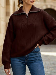 Retro loose collared zip-up pullover knit sweater