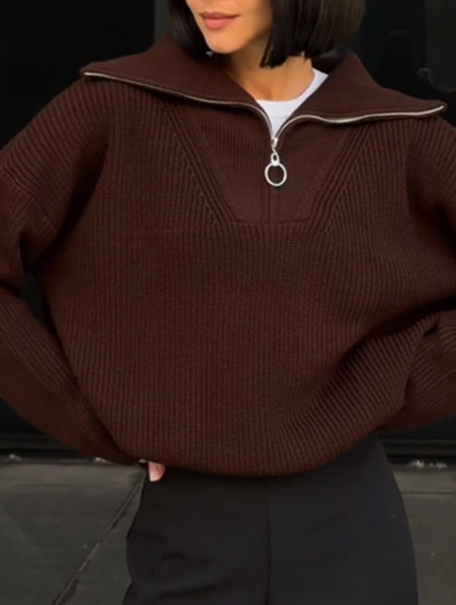 Retro loose collared zip-up pullover knit sweater