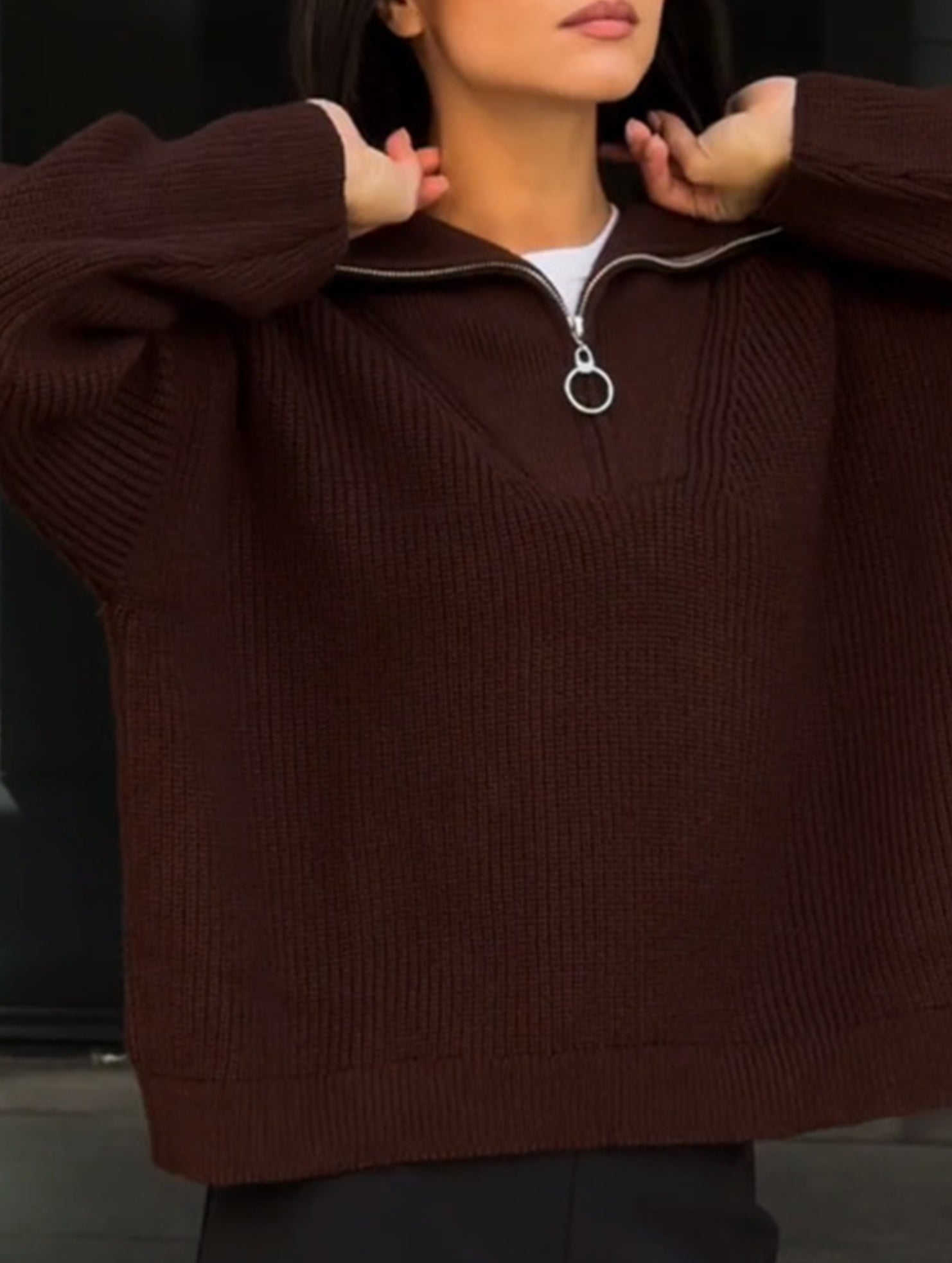 Retro loose collared zip-up pullover knit sweater