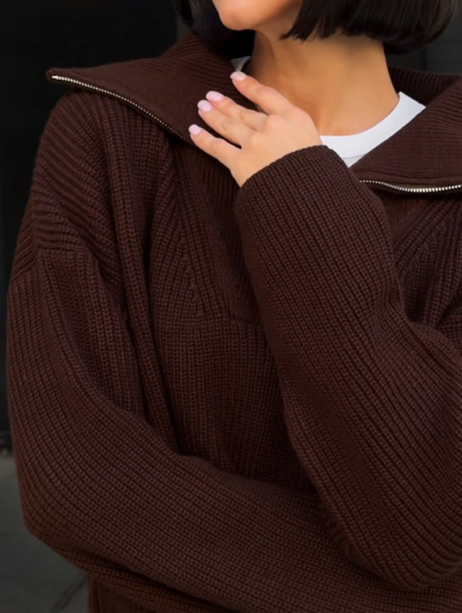 Retro loose collared zip-up pullover knit sweater