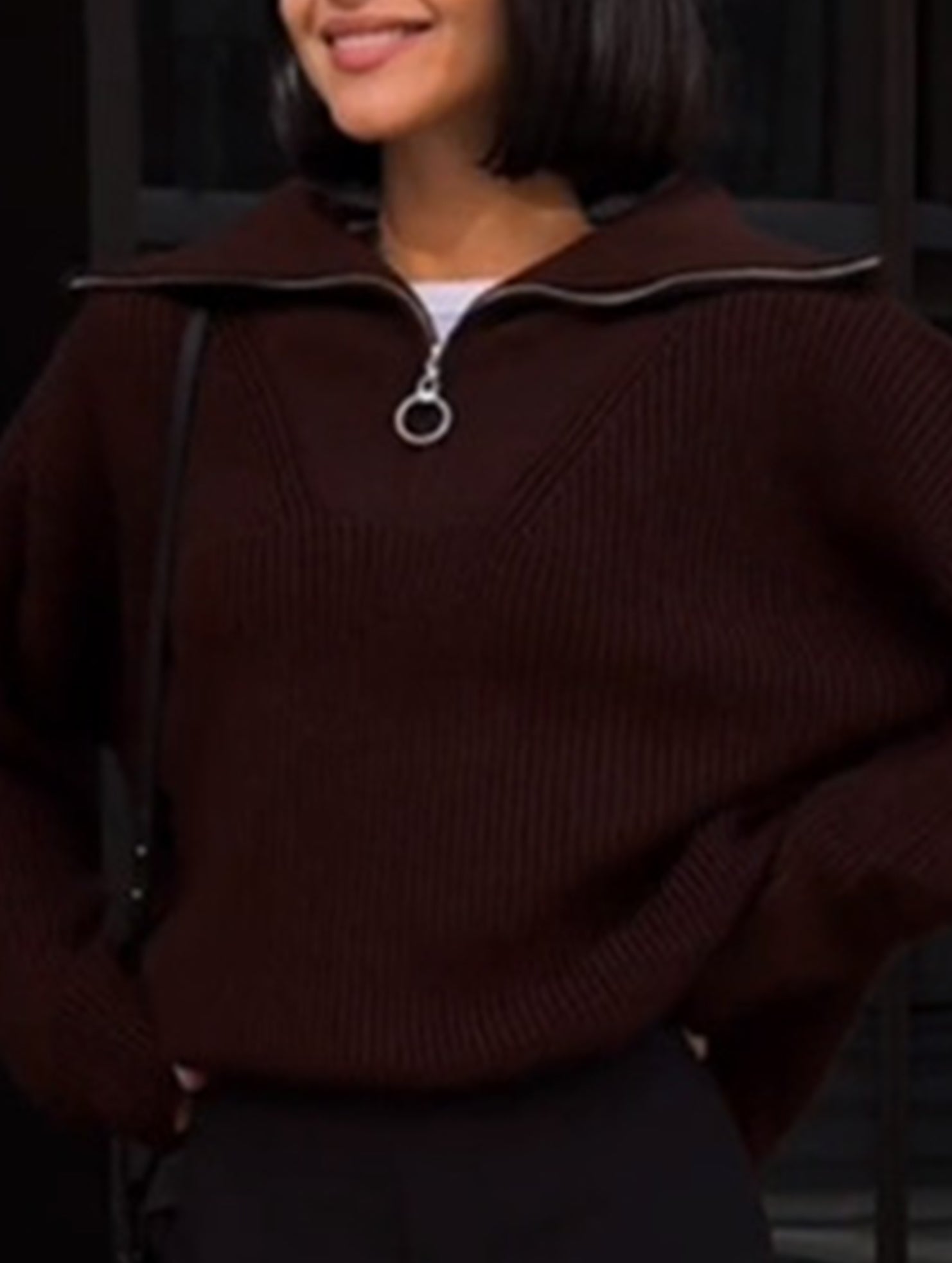 Retro loose collared zip-up pullover knit sweater