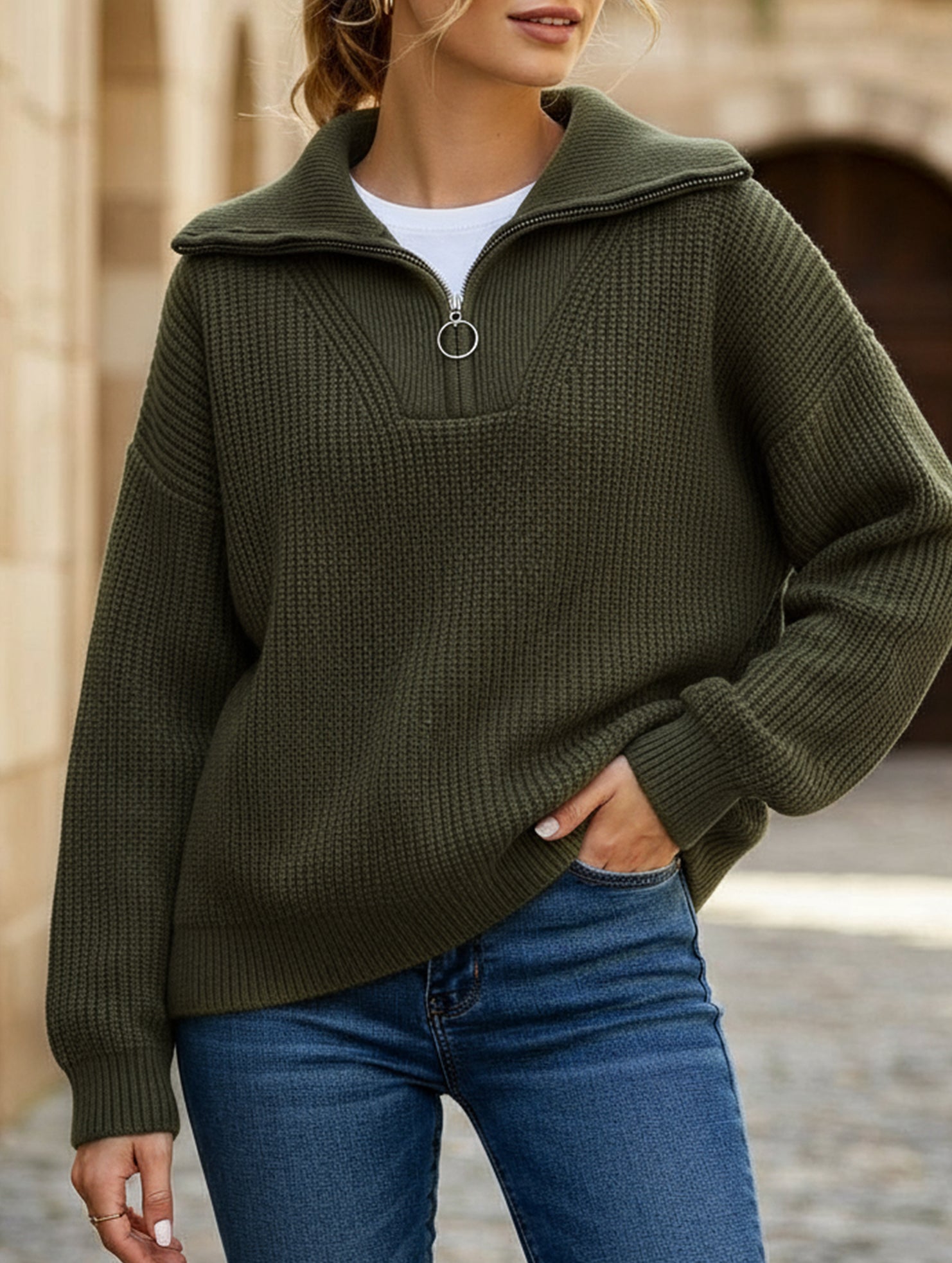 Retro loose collared zip-up pullover knit sweater