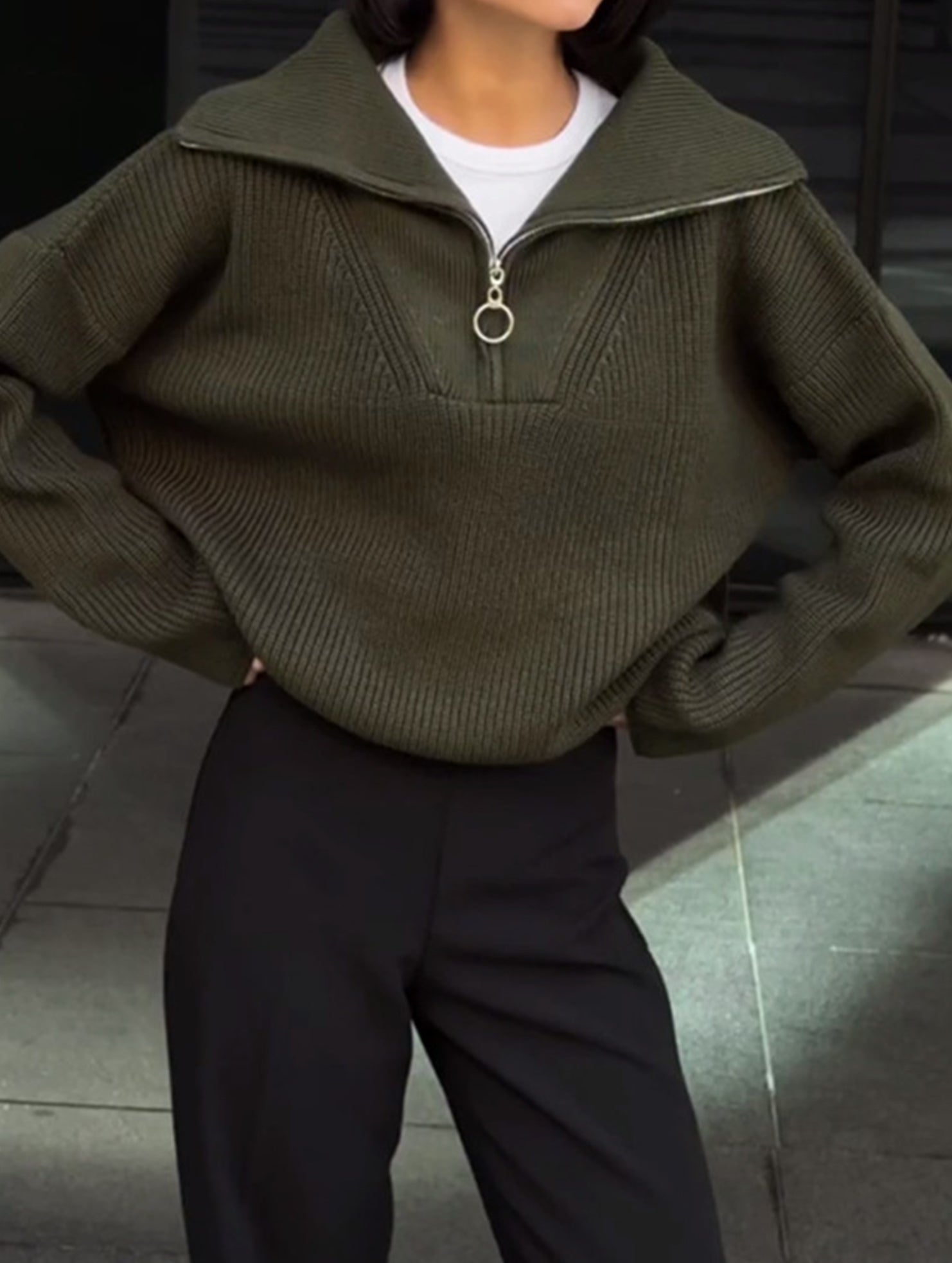 Retro loose collared zip-up pullover knit sweater