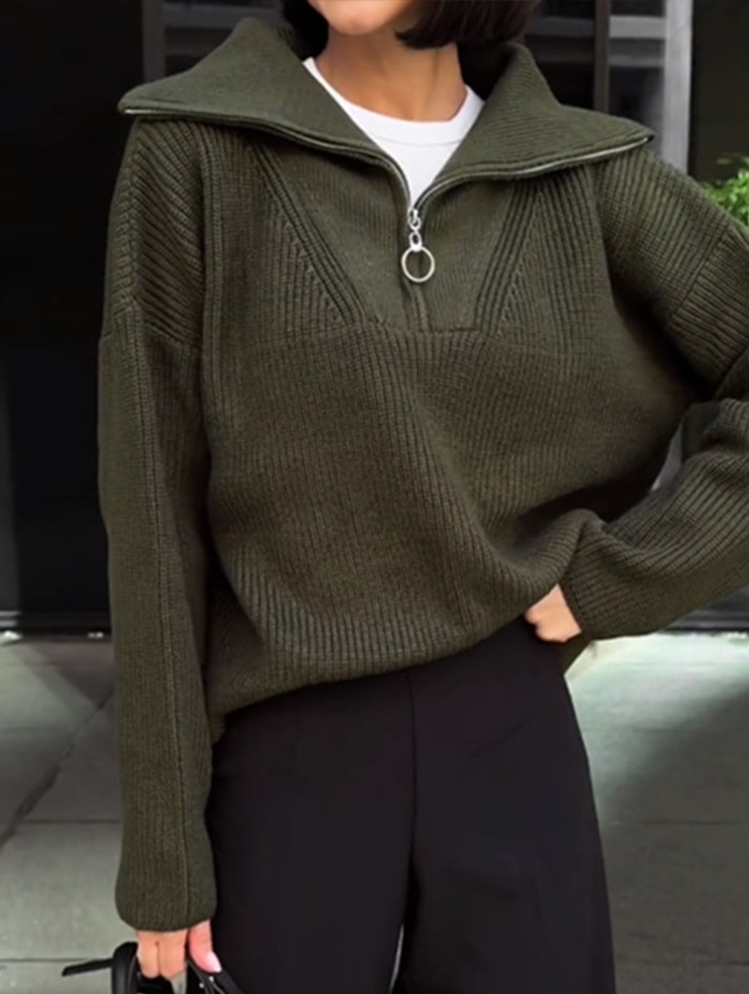 Retro loose collared zip-up pullover knit sweater