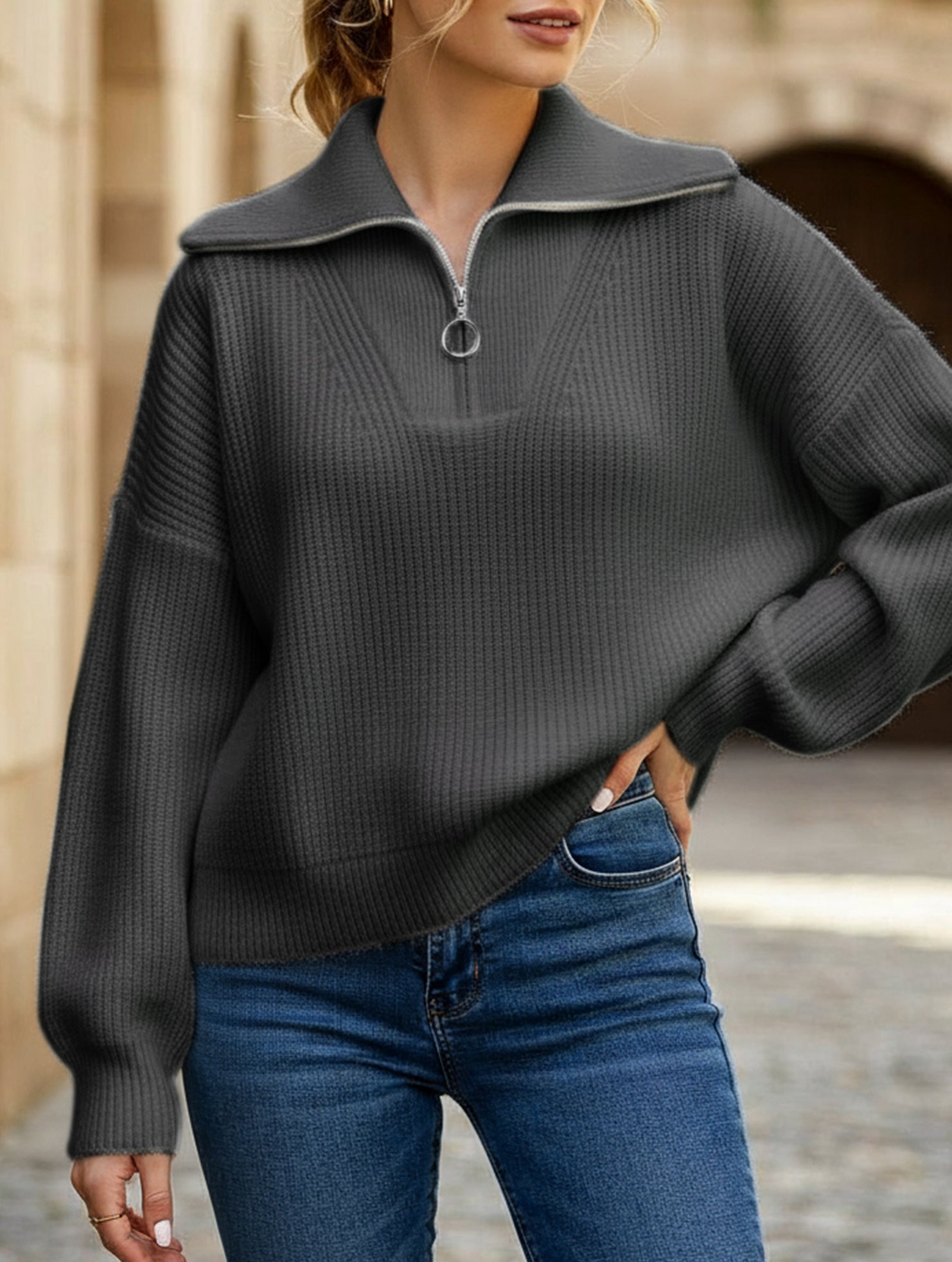 Retro loose collared zip-up pullover knit sweater