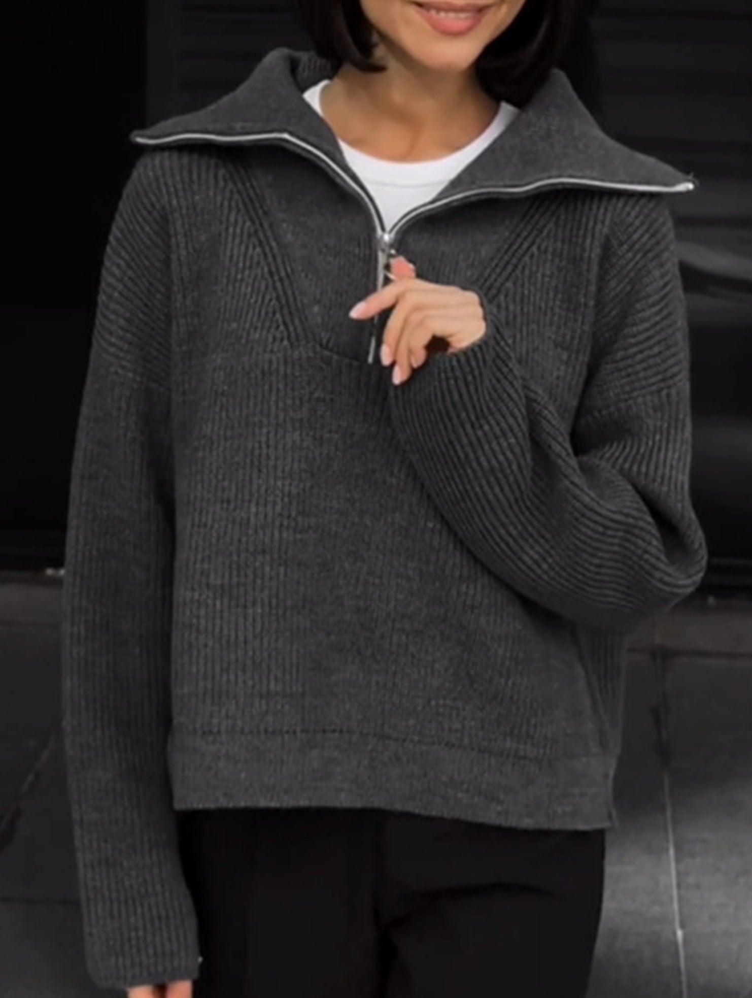 Retro loose collared zip-up pullover knit sweater