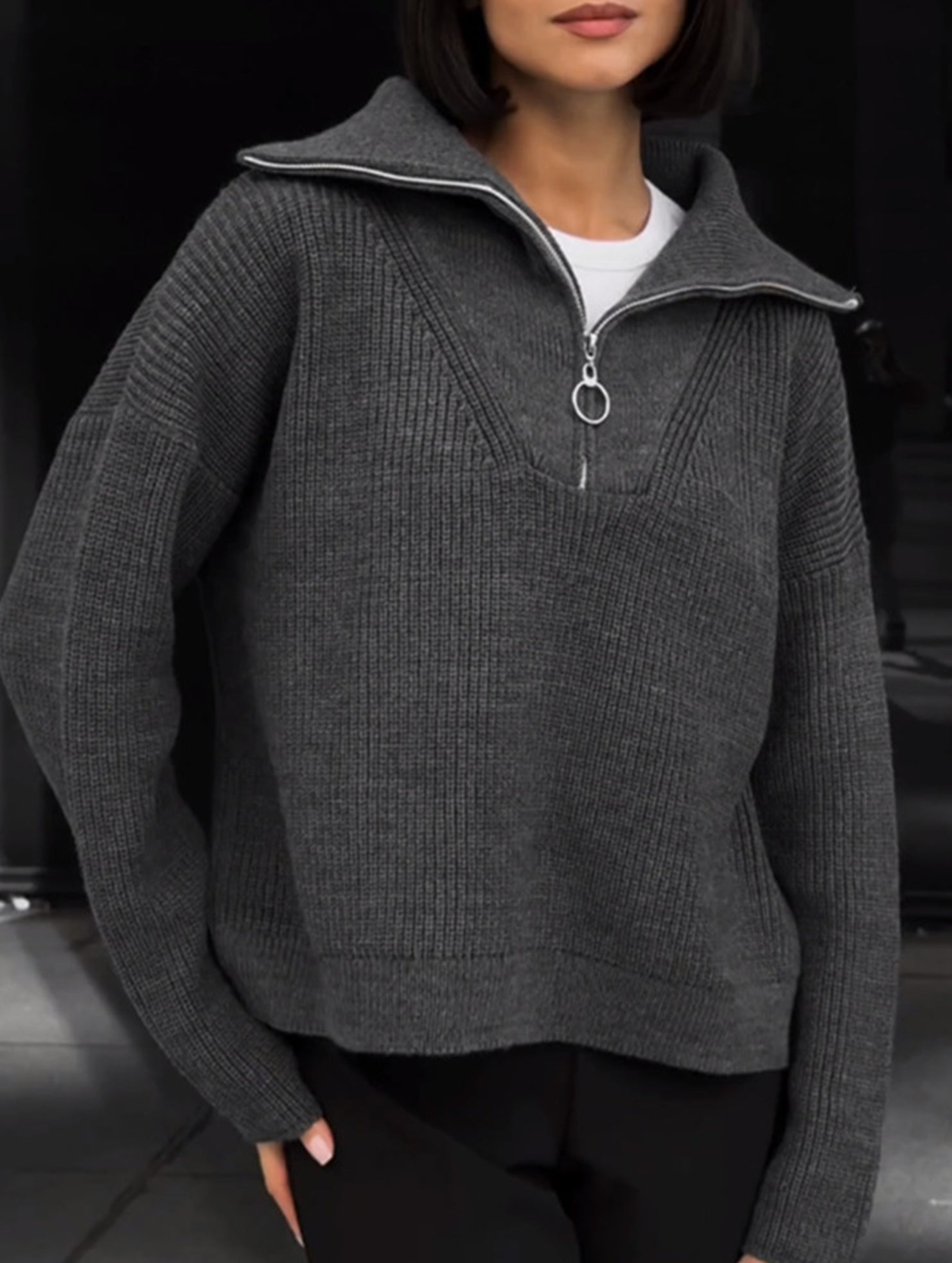 Retro loose collared zip-up pullover knit sweater