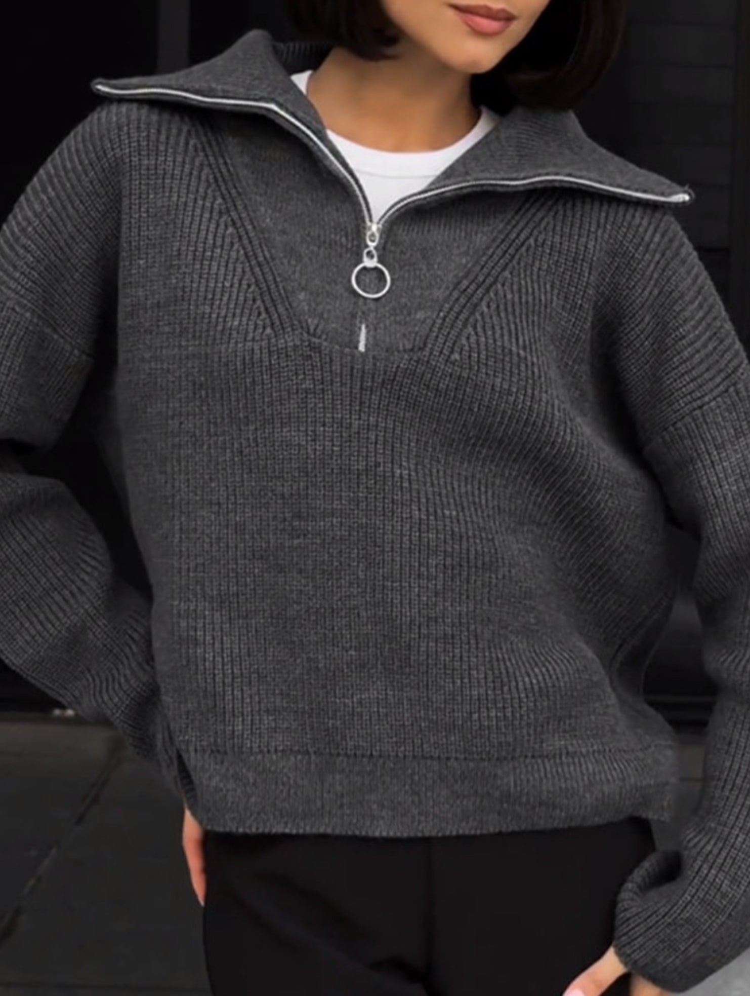 Retro loose collared zip-up pullover knit sweater